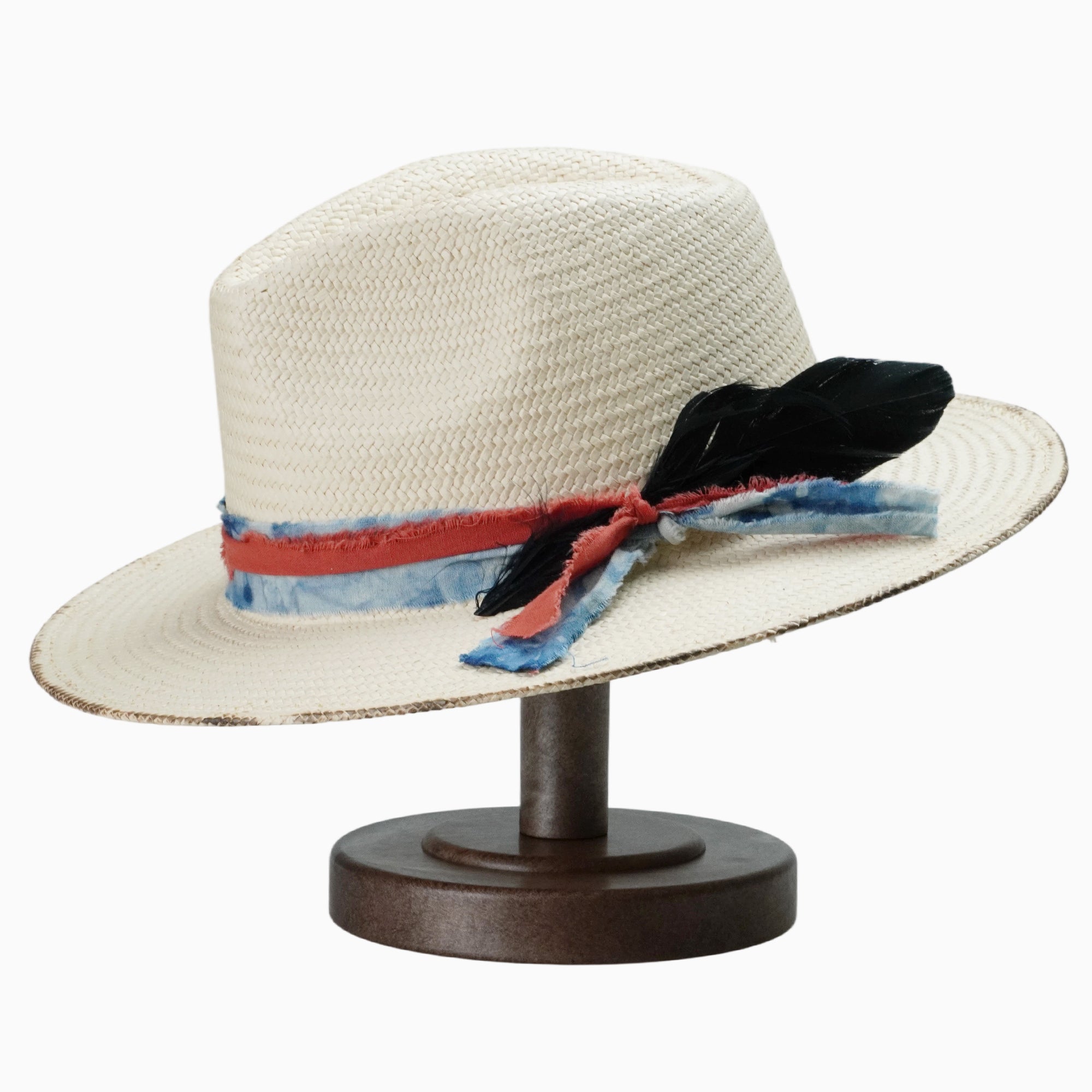 Beige Breathable Straw Fedora with Distressed Feather Band