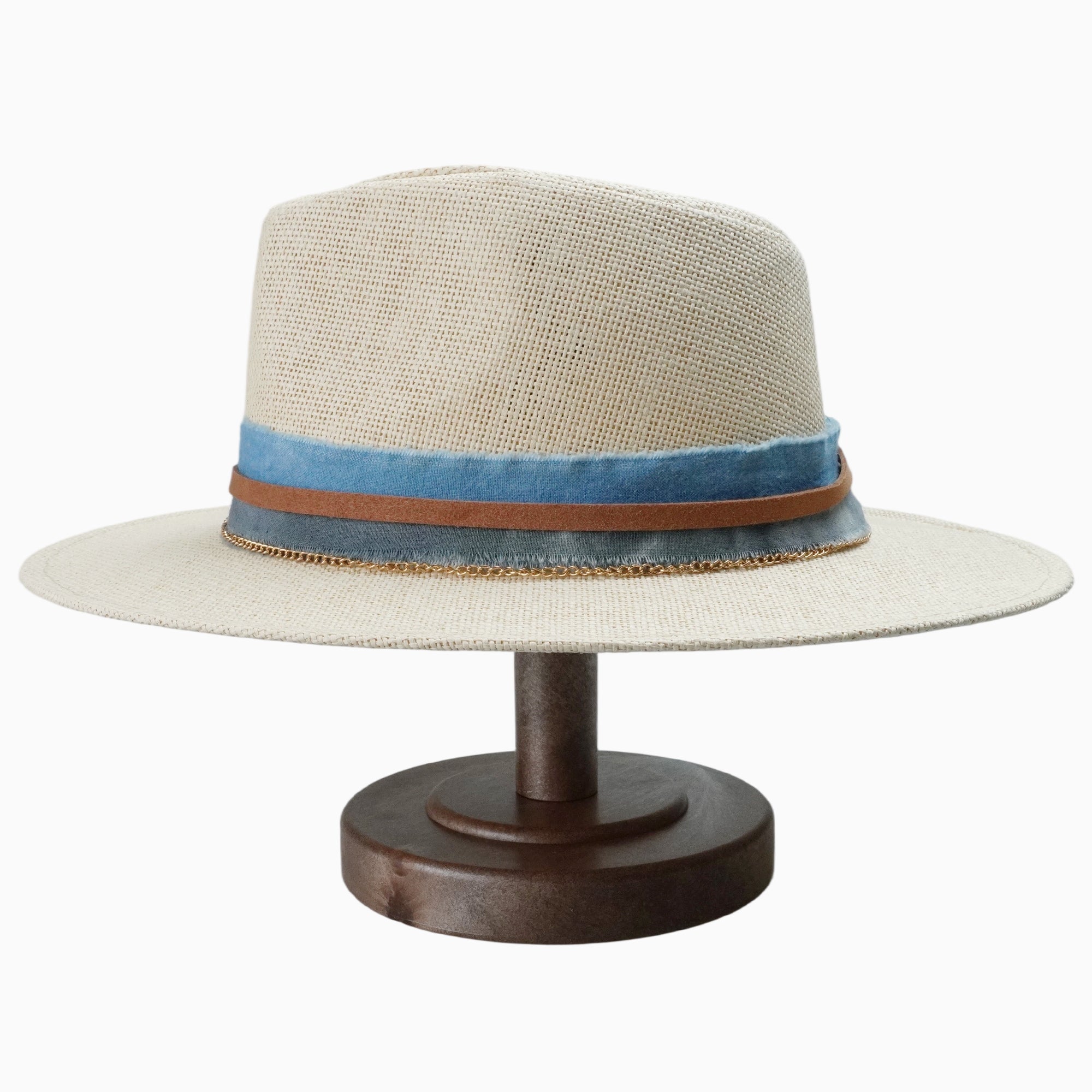 White Breathable Straw Fedora with Blue Gradient Scarf & Chain Trim