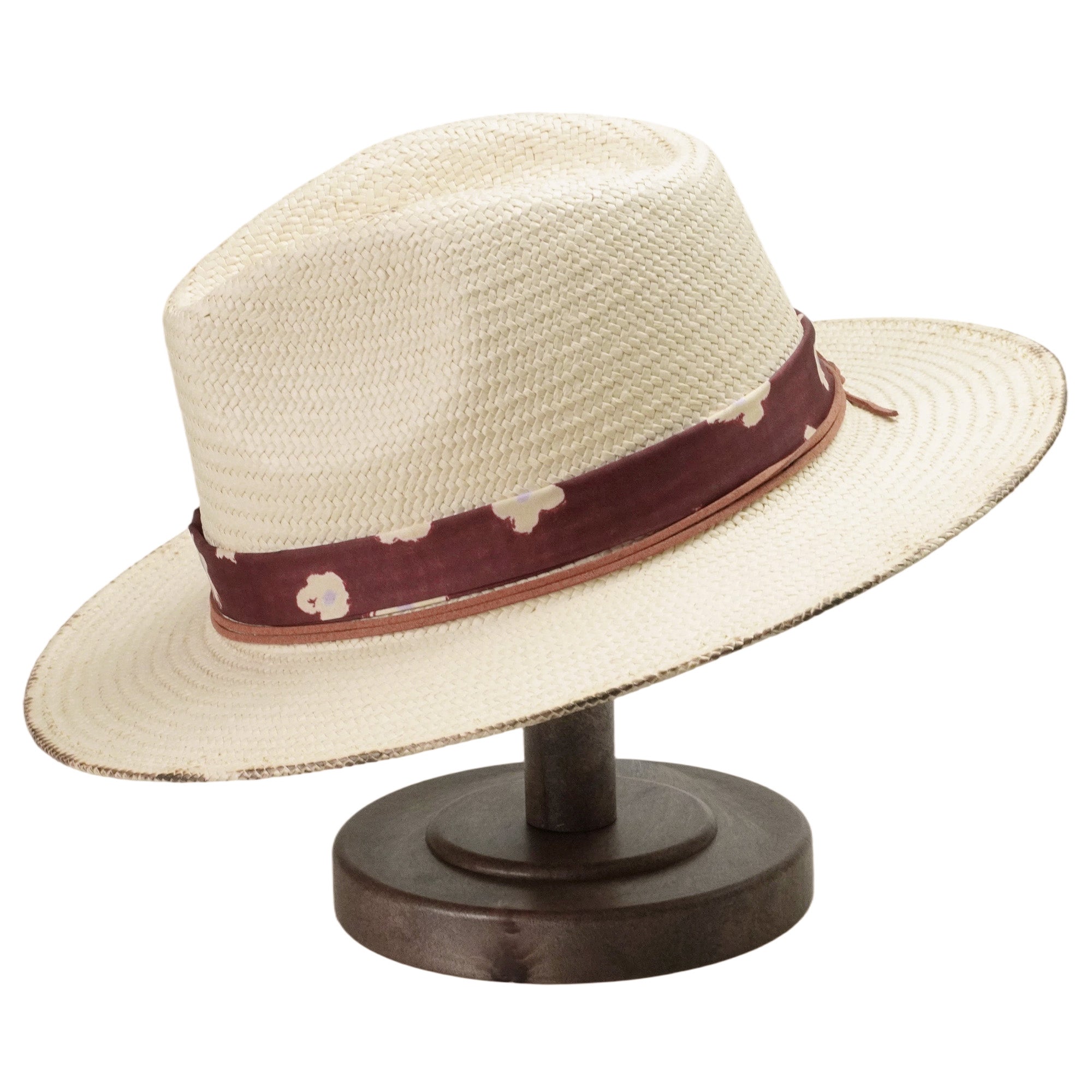 Beige Straw Hat with Floral Band & Burnt Edge Design