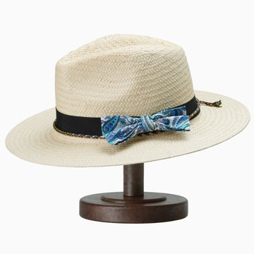 Beige Breathable Straw Fedora with Black Band & Paisley Bow