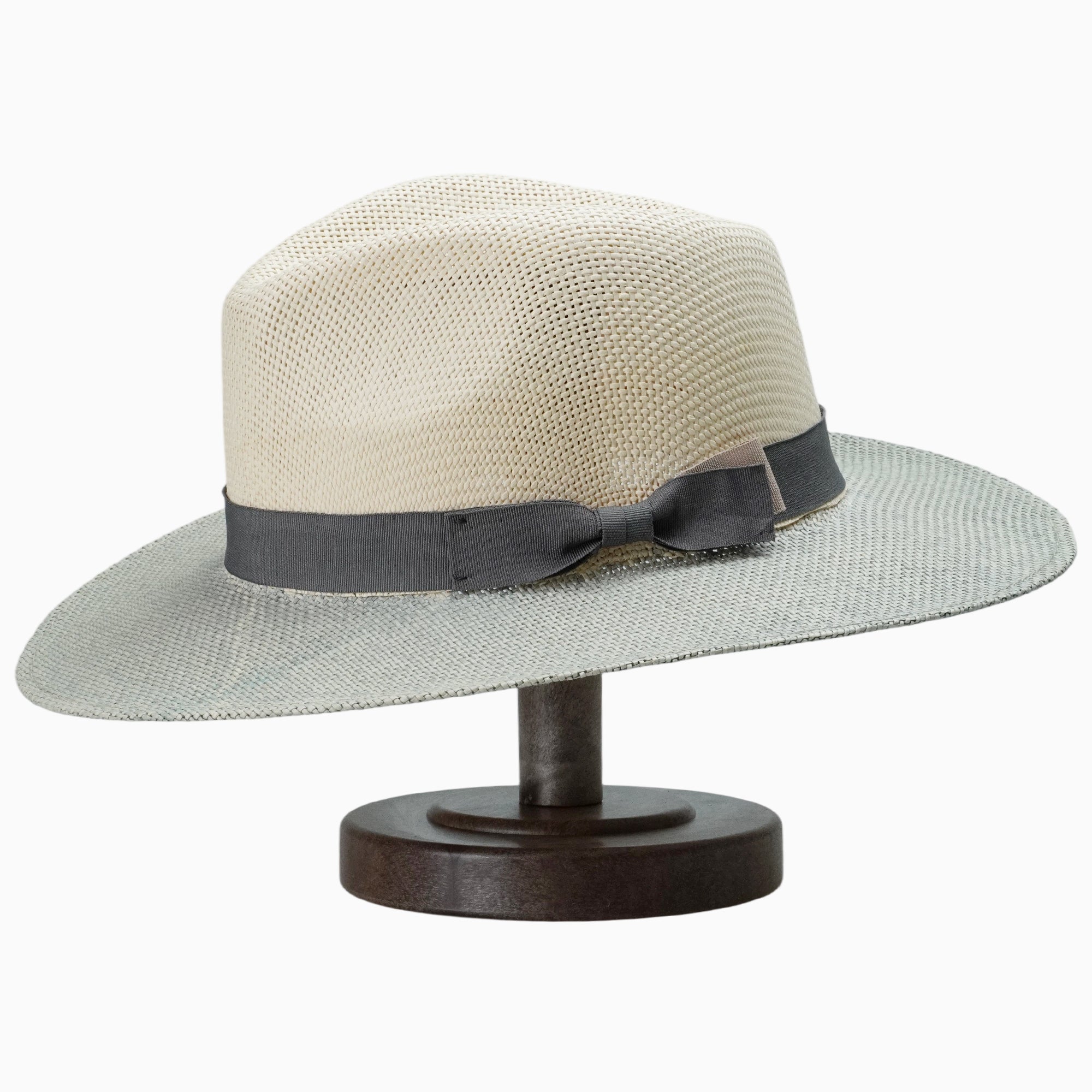 Two-Tone Off-White & Grey Straw Hat with Grey Ribbon Bow