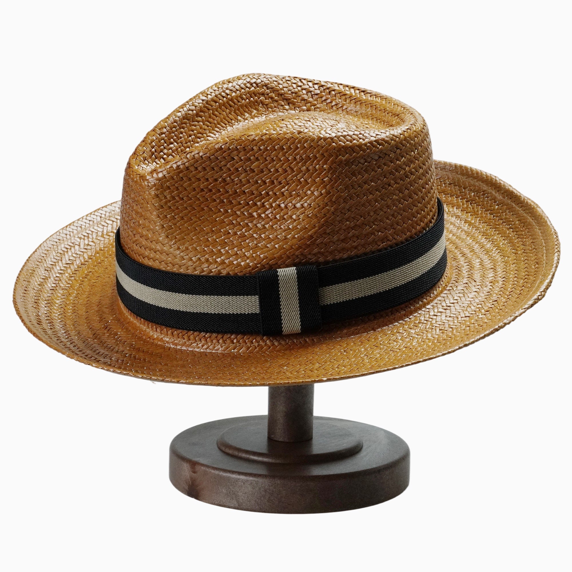 Natural Brown Straw Fedora with Striped Contrast Hatband