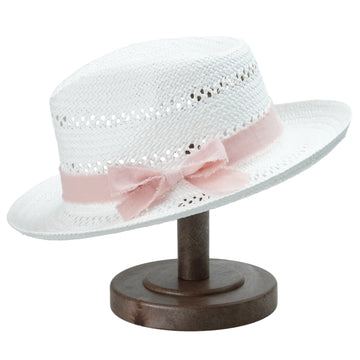 White Straw Hat with Cutout Crown & Light Pink Bow