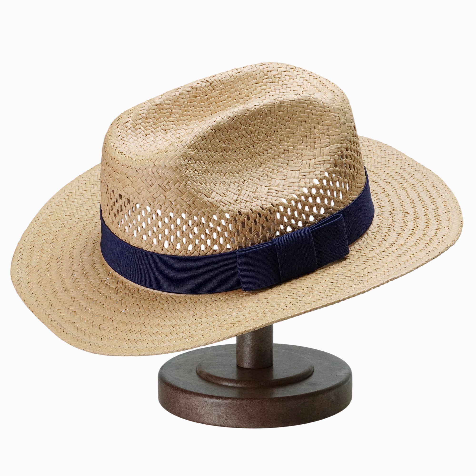 Light Brown Breathable Straw Fedora with Navy Ribbon Band & Bow