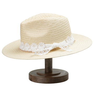 Beige Straw Hat with Custom Lace Band & Refined Beads