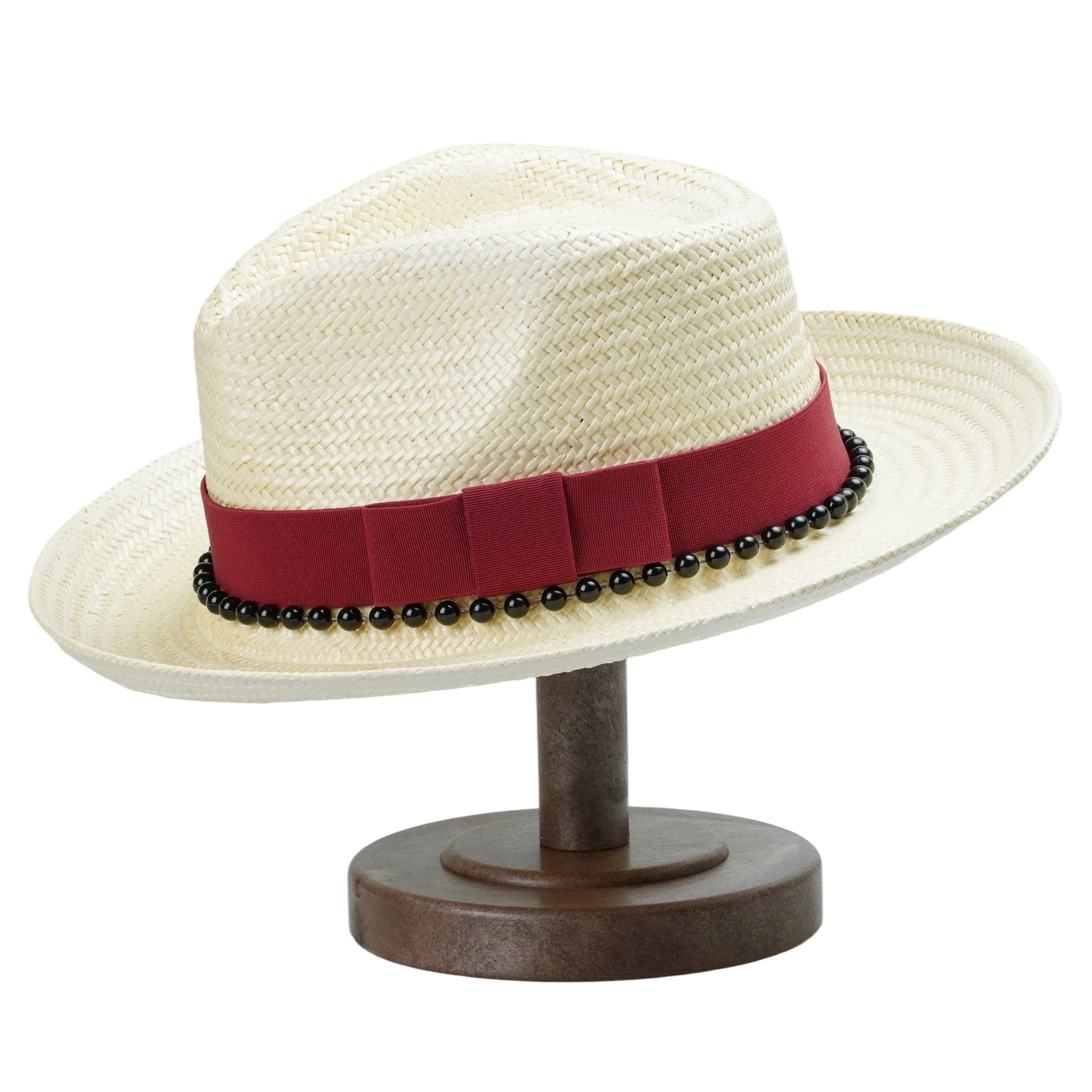 Beige Straw Hat with Dark Red Wide Band & Black Beads