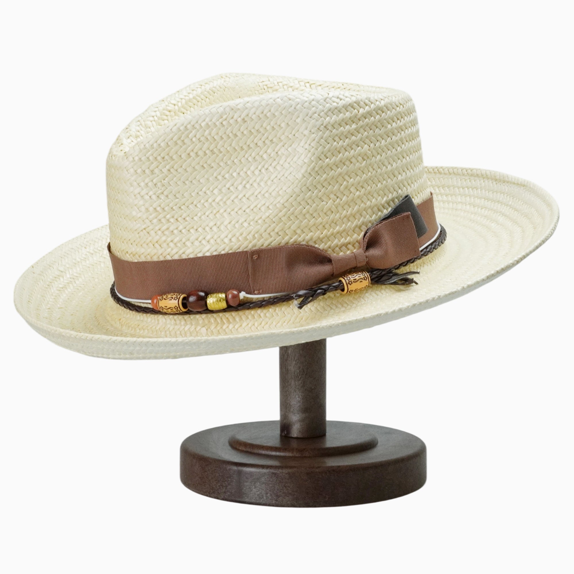 Beige Breathable Straw Fedora with Brown Ribbon & Beaded Cord Accent