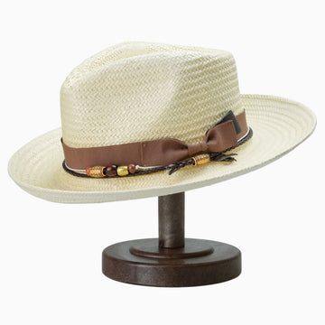 Beige Breathable Straw Fedora with Brown Ribbon & Beaded Cord Accent