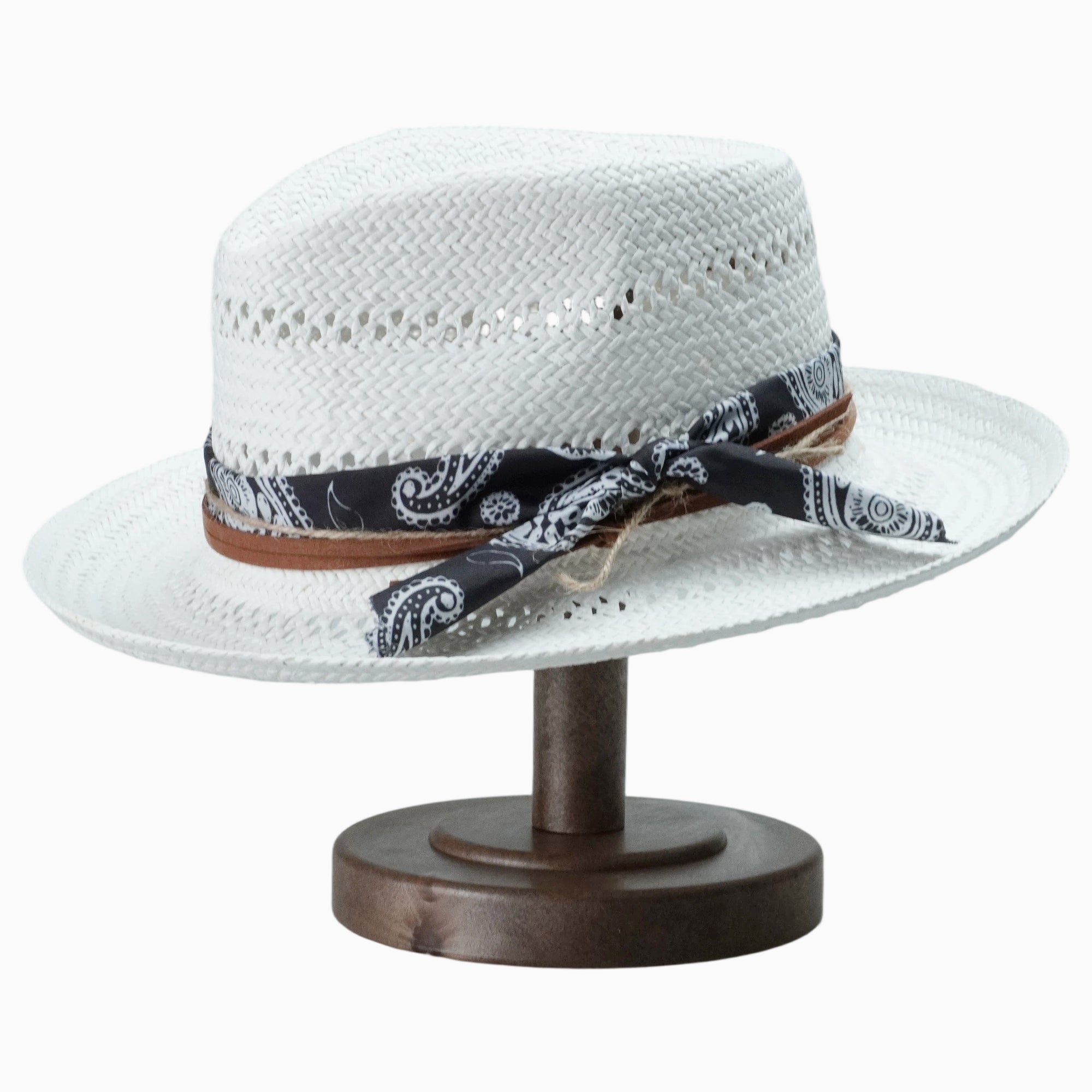White Breathable Straw Fedora with Classic Paisley Band & Leather Cord