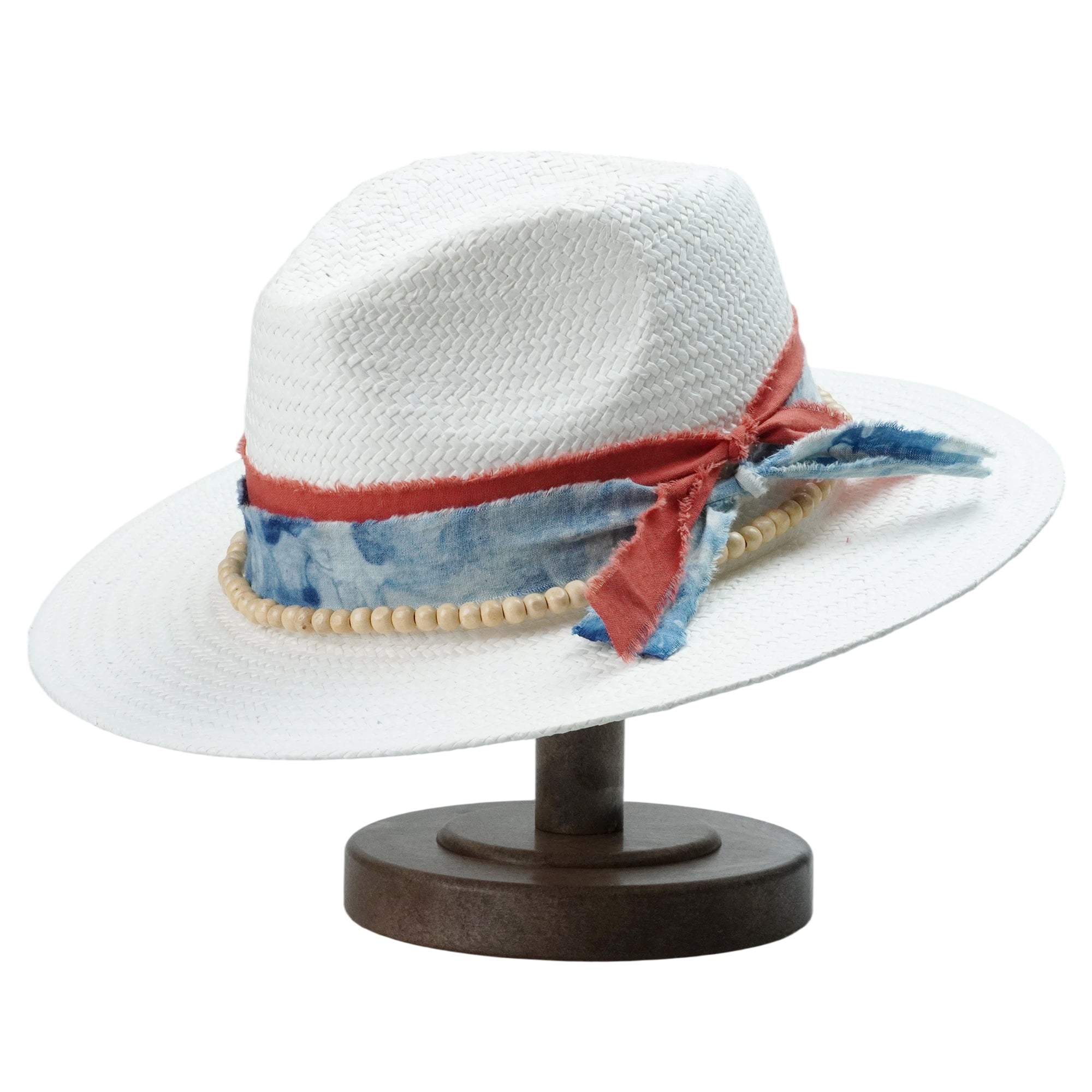 White Breathable Straw Fedora with Tie-Dye Fabric Band & Beaded Trim