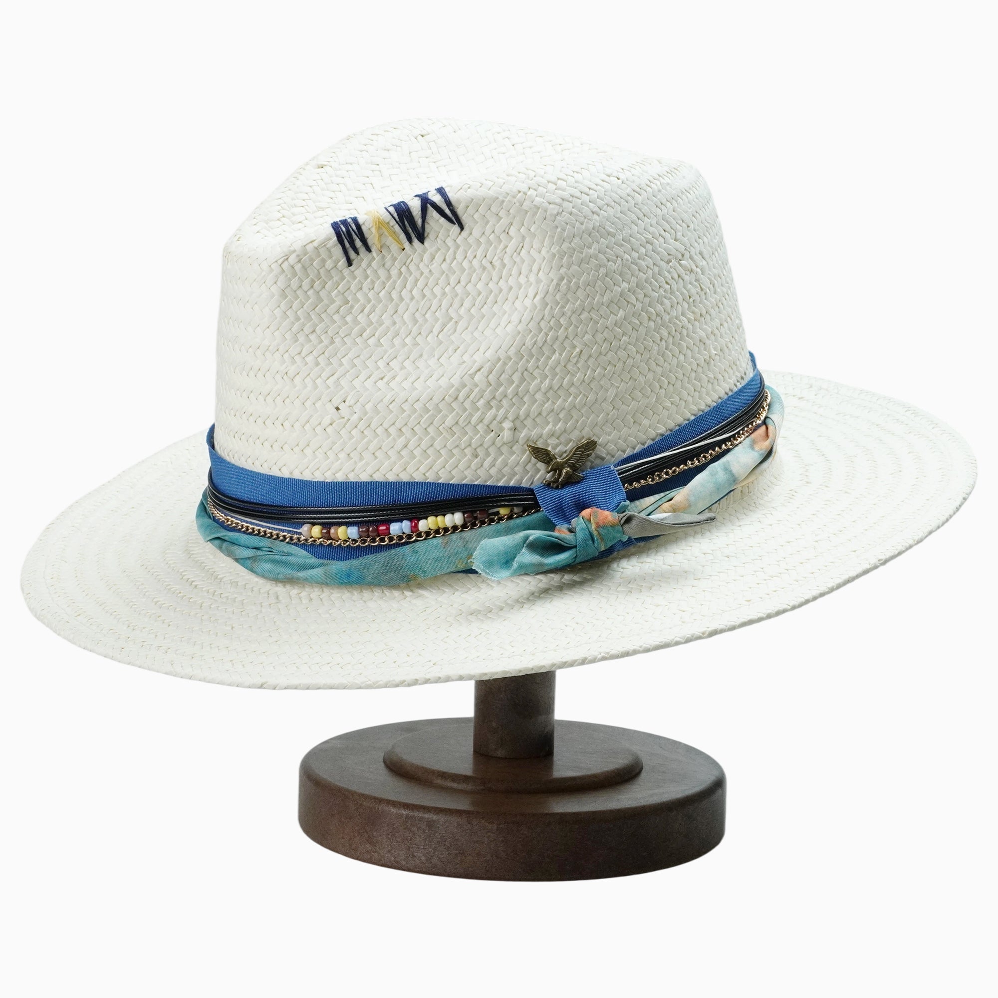 White Breathable Straw Hat with Beaded & Eagle Charm Band