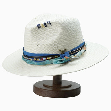 White Breathable Straw Hat with Beaded & Eagle Charm Band