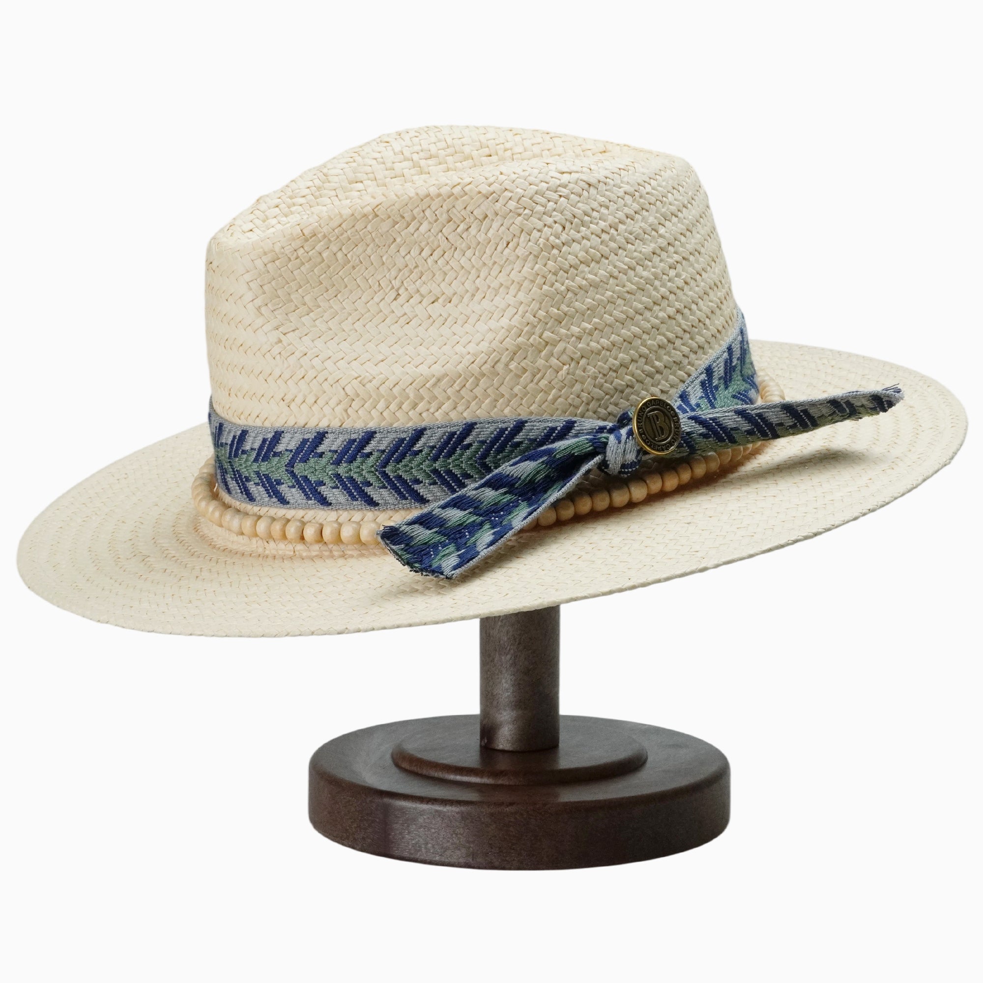 Beige Breathable Straw Fedora with Geometric Tribal Band & Wood Beads
