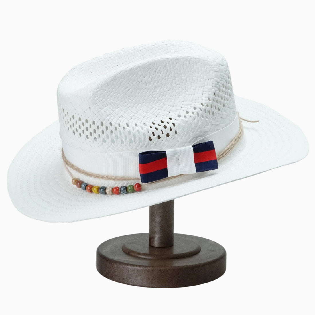 White Breathable Straw Fedora with Striped Bow & Multi-colored Beads