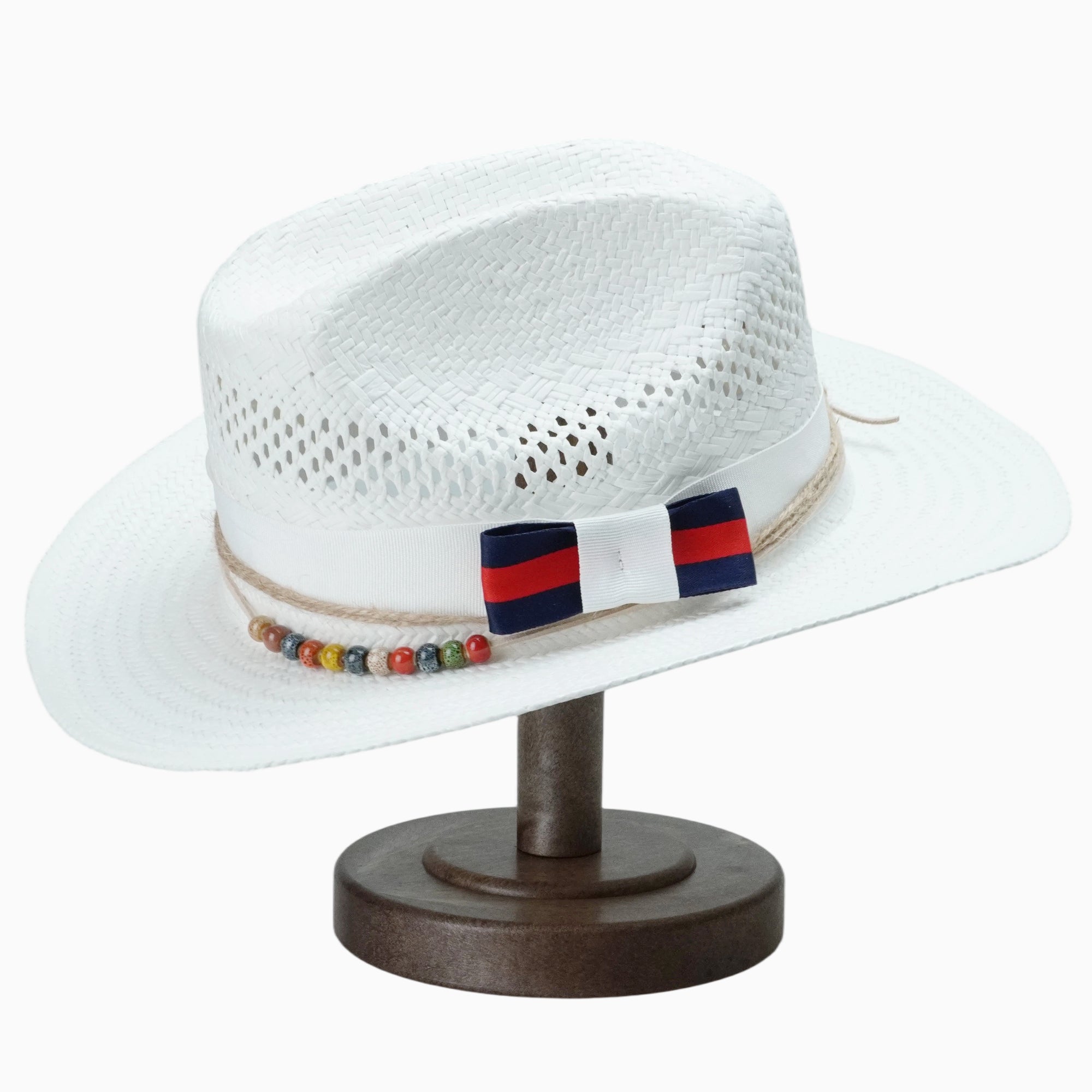 White Breathable Straw Fedora with Striped Bow & Multi-colored Beads