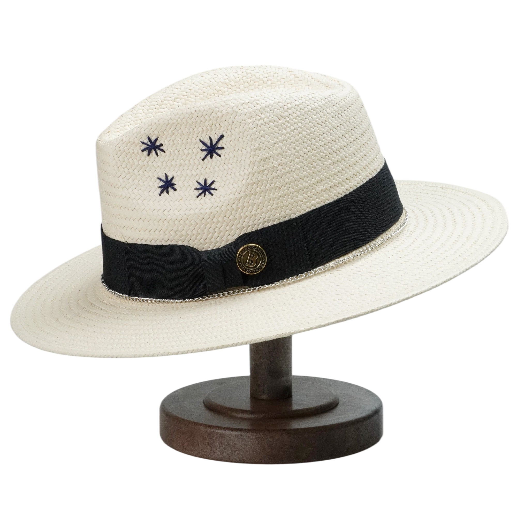 Off-White Straw Hat with Silver Chain & Star Stitching