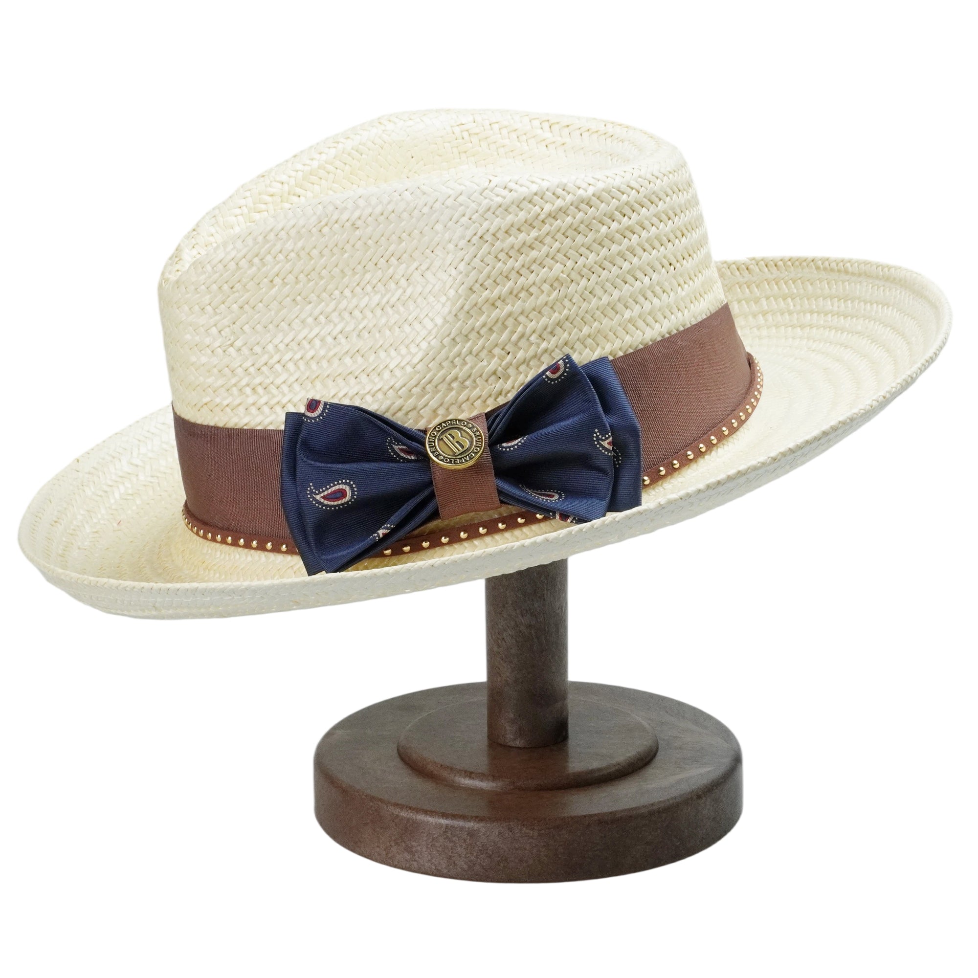 Off-White Straw Hat with Blue Bow & Brown Band