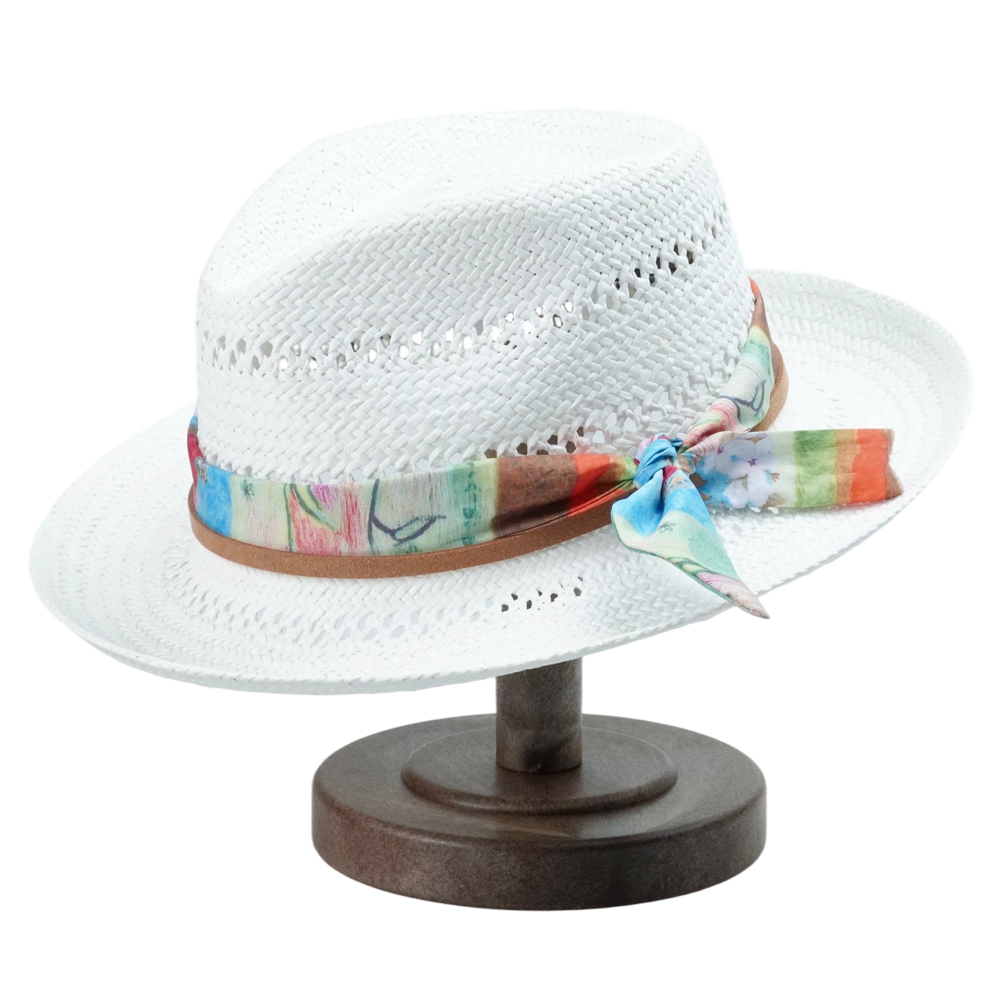 White Straw Hat - Hollow Design with Colorful Fabric Accent
