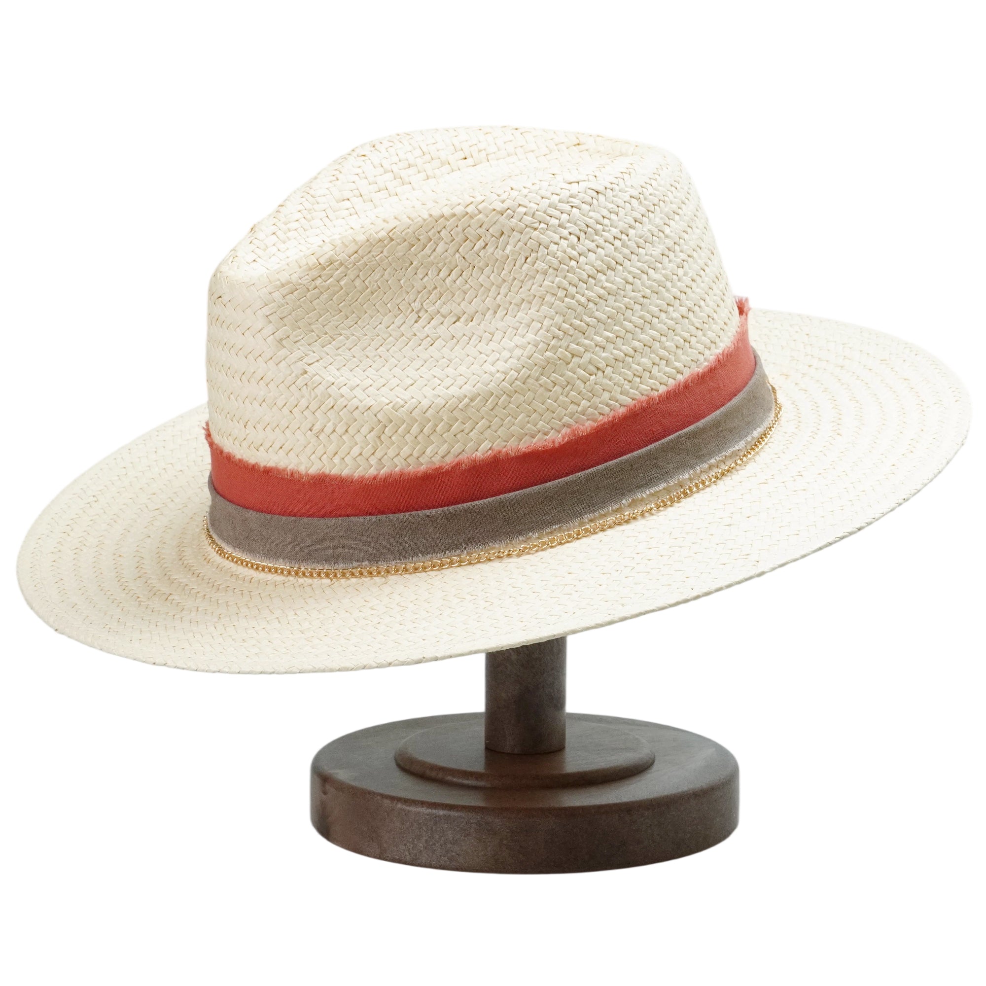 Beige Straw Hat - Flat Brim with Gold Metal Accent