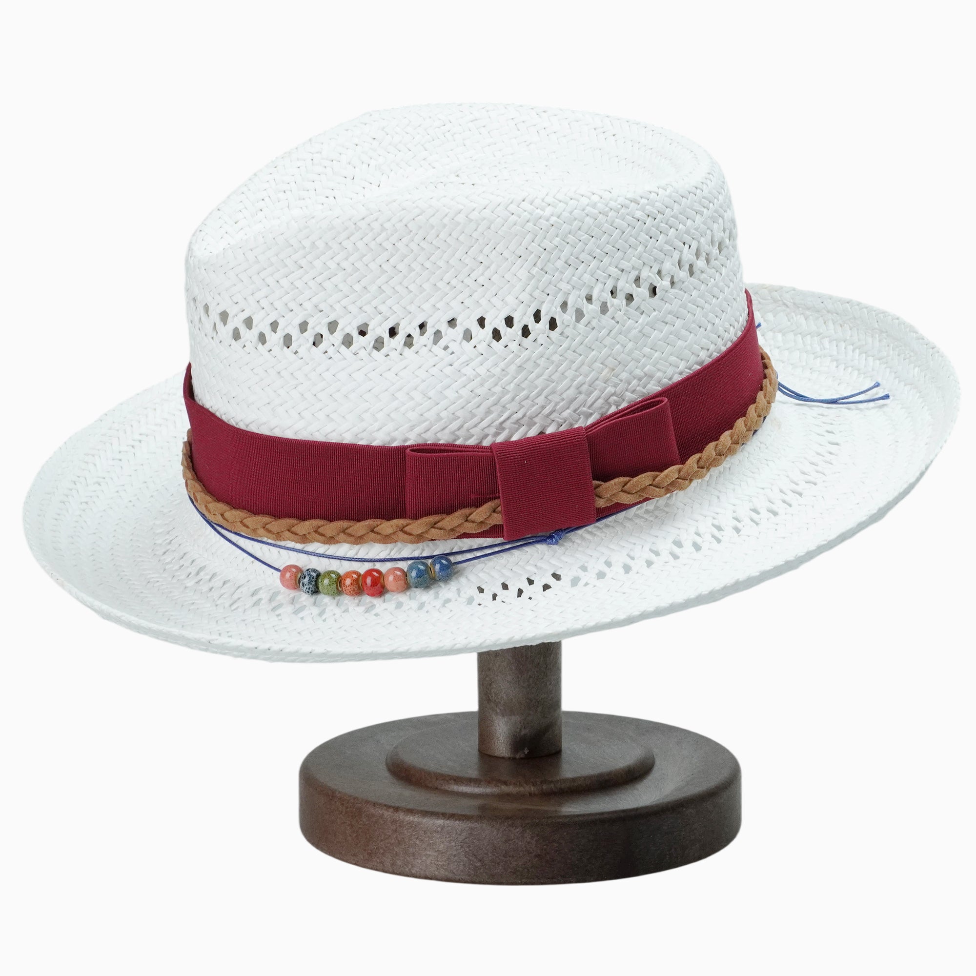 White Breathable Straw Fedora with Burgundy Ribbon & Beaded Cord