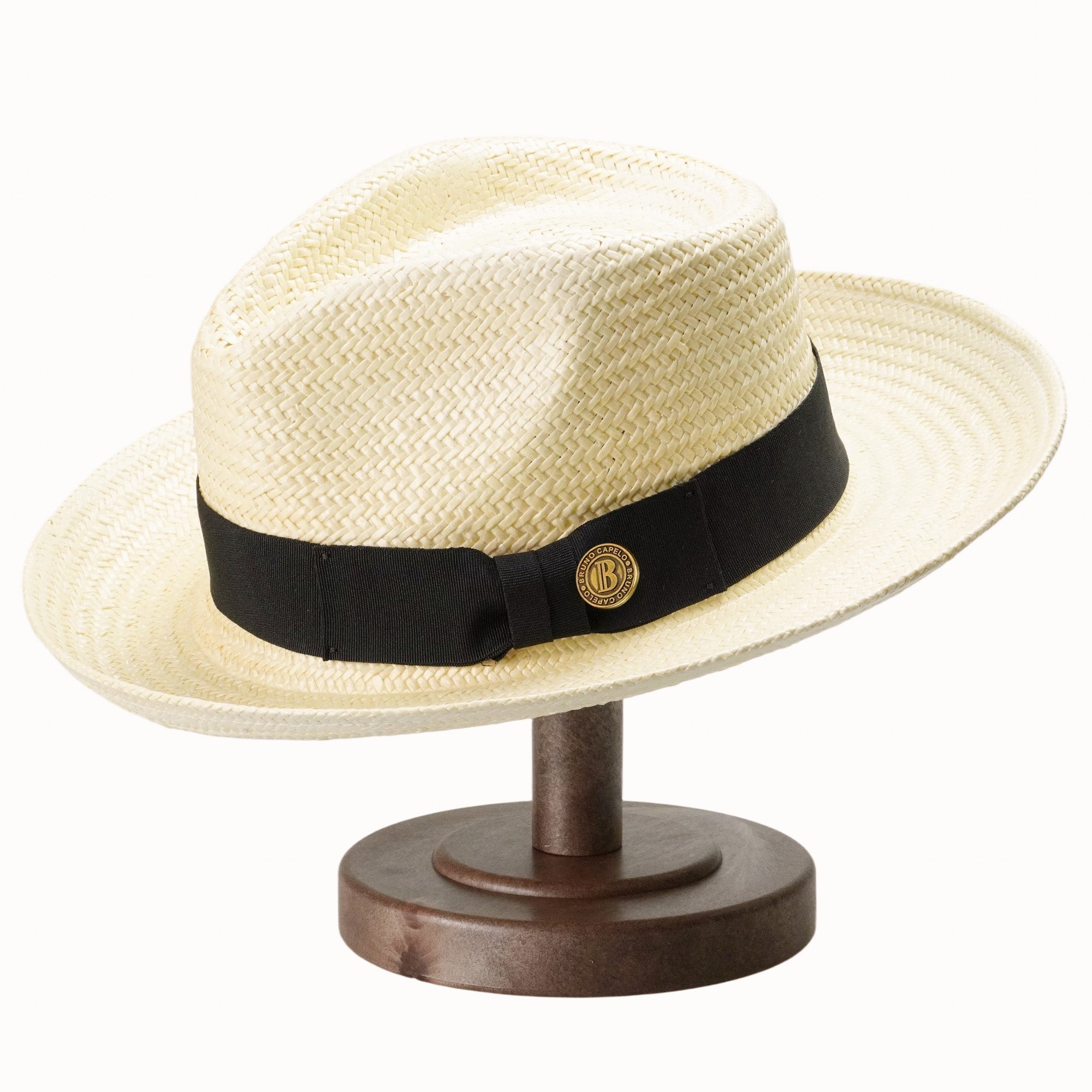 Off-White Breathable Straw Fedora with Gold Logo Accent Ribbon