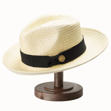 Off-White Breathable Straw Fedora with Gold Logo Accent Ribbon