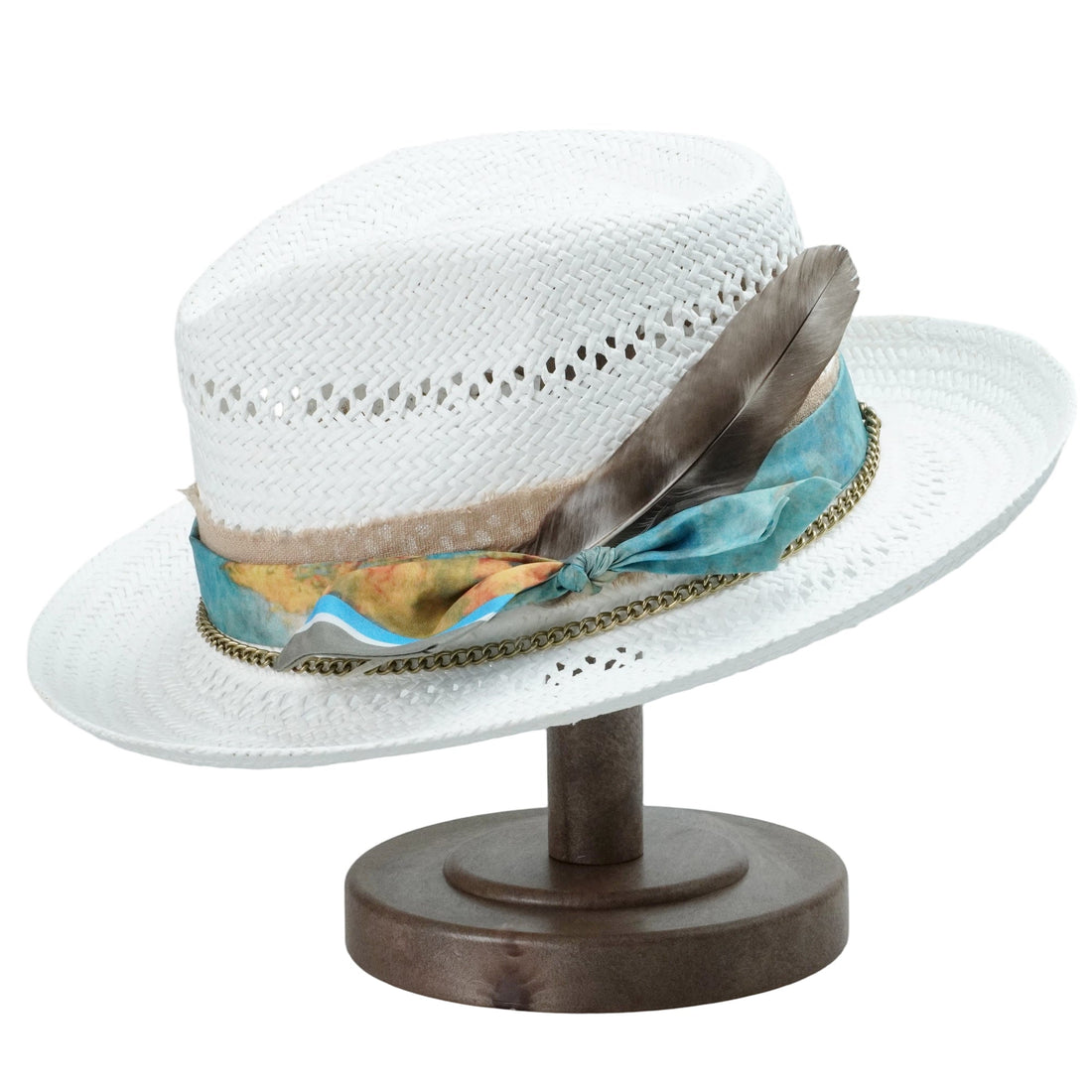 White Straw Hat - Classic Teardrop with Metal Chain Detail