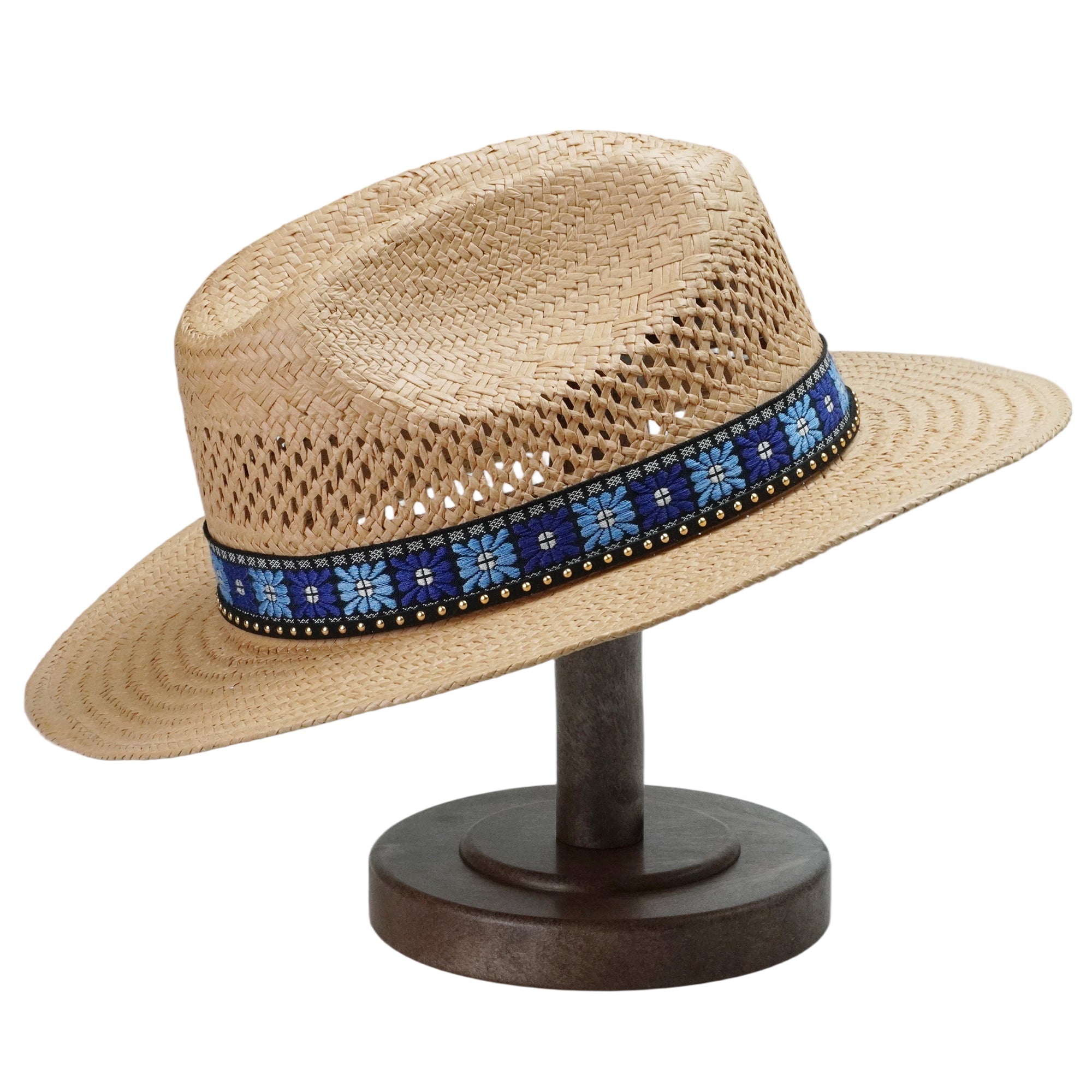Light Brown Straw Hat with Blue Print Band & Black Cord