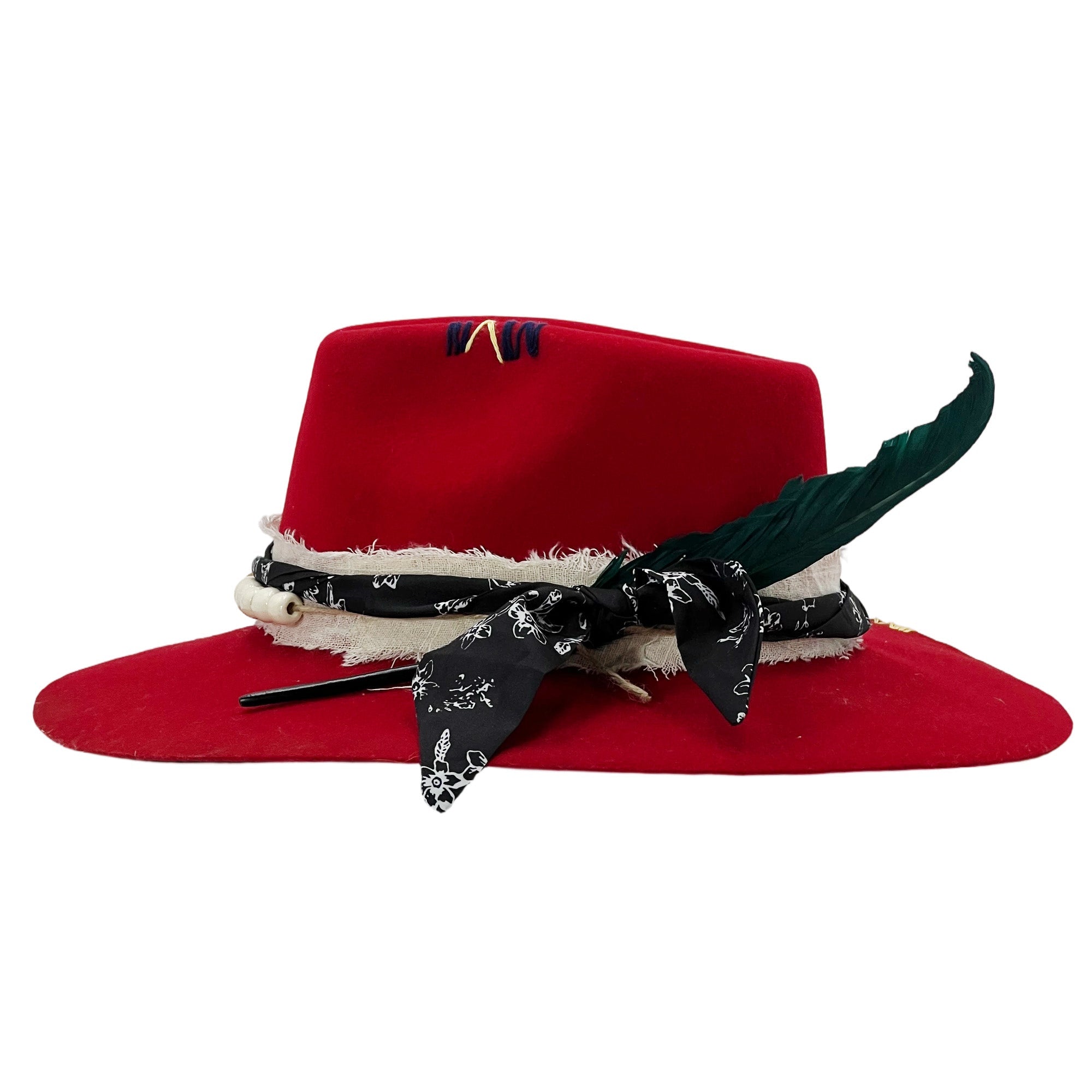 Bold Red Hat w/ Woven & Beaded Trim
