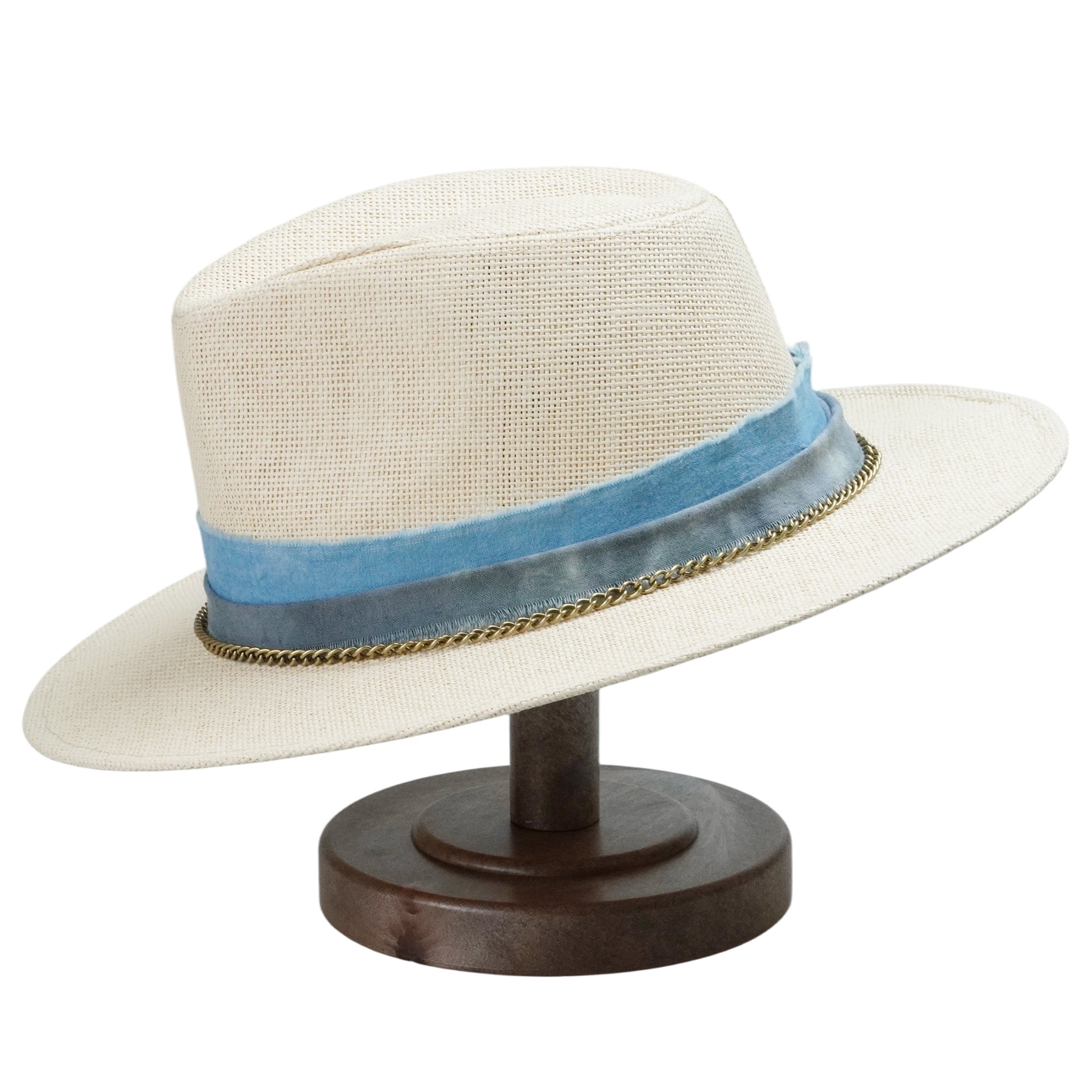 Off-White Straw Hat with Blue Band & Copper Chain