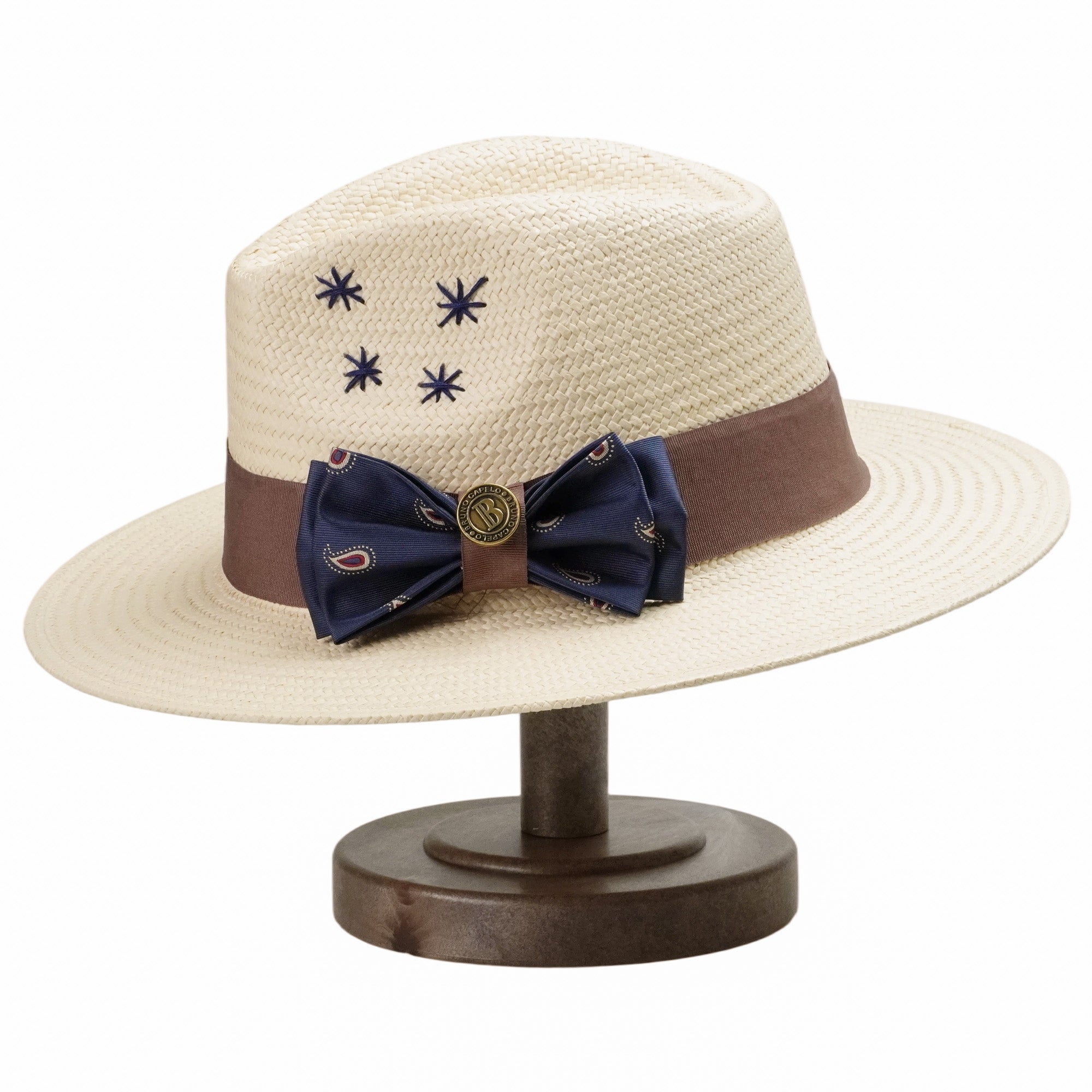 Beige Straw Hat with Delicate Bow & Star Stitching