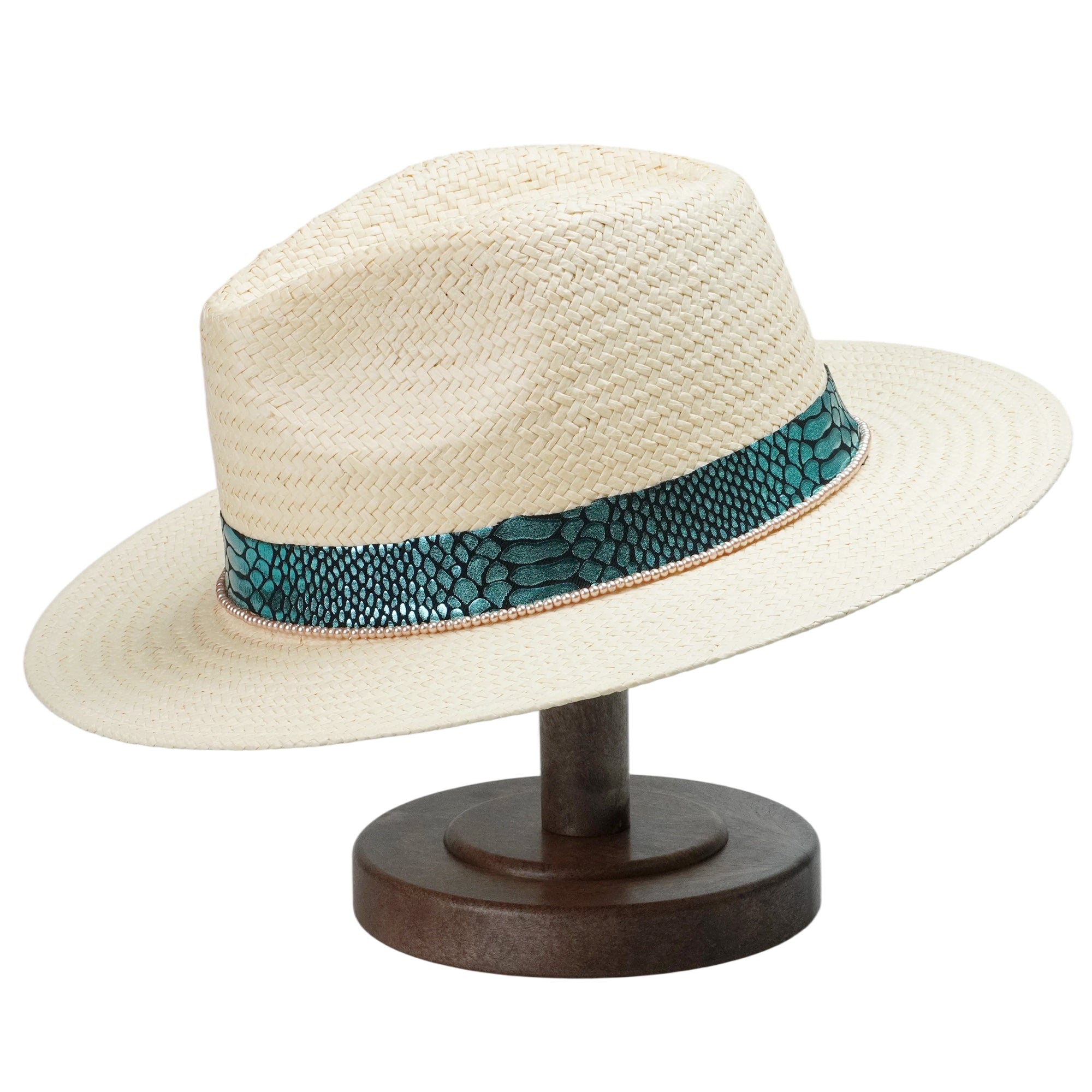 Beige Straw Hat with Champagne Beads & Luxe Fabric Band