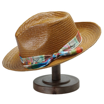 Caramel Straw Hat with Colorful Fabric Band & Beads