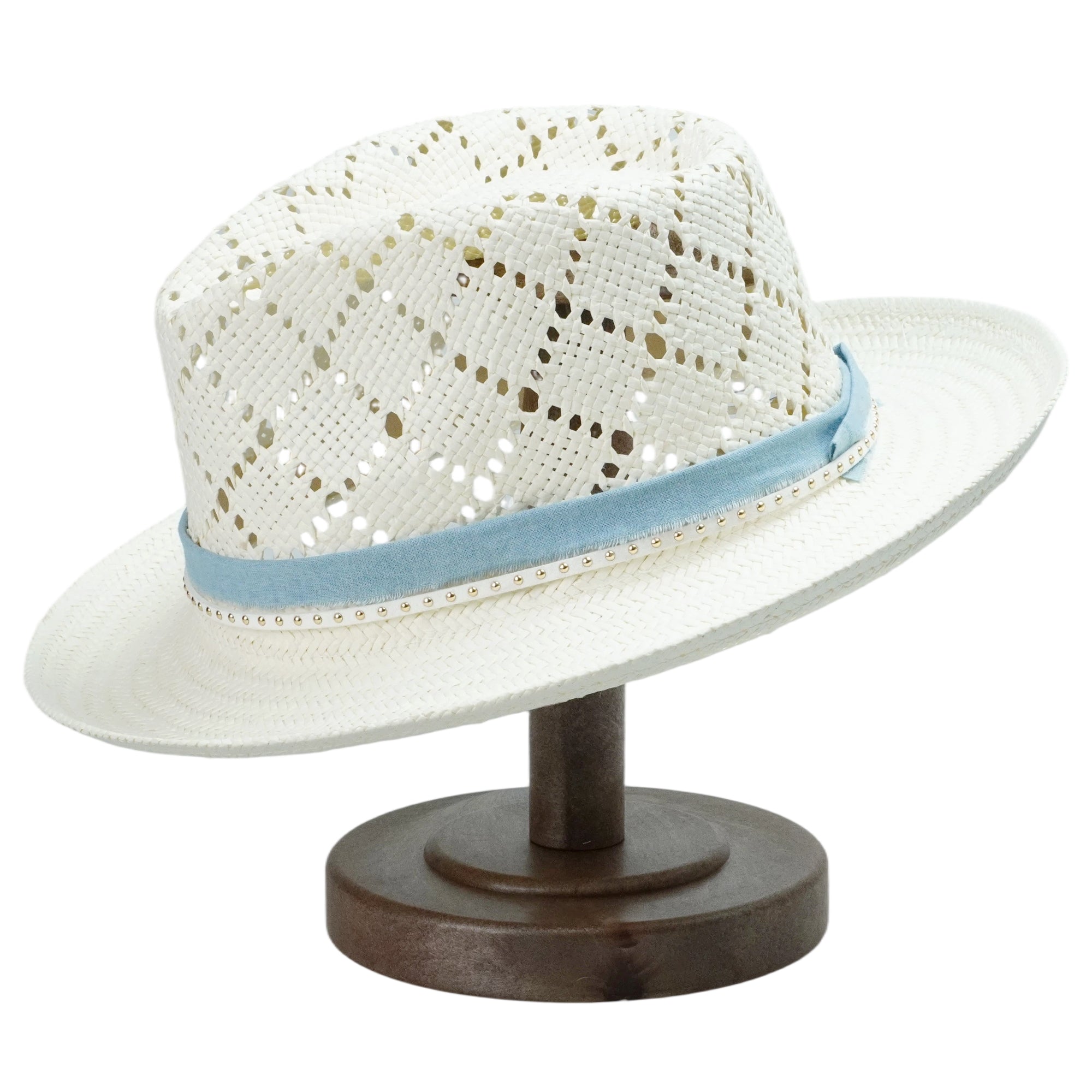 White Straw Hat with Cutout Crown & Light Blue Band