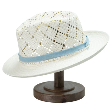 White Straw Hat with Cutout Crown & Light Blue Band