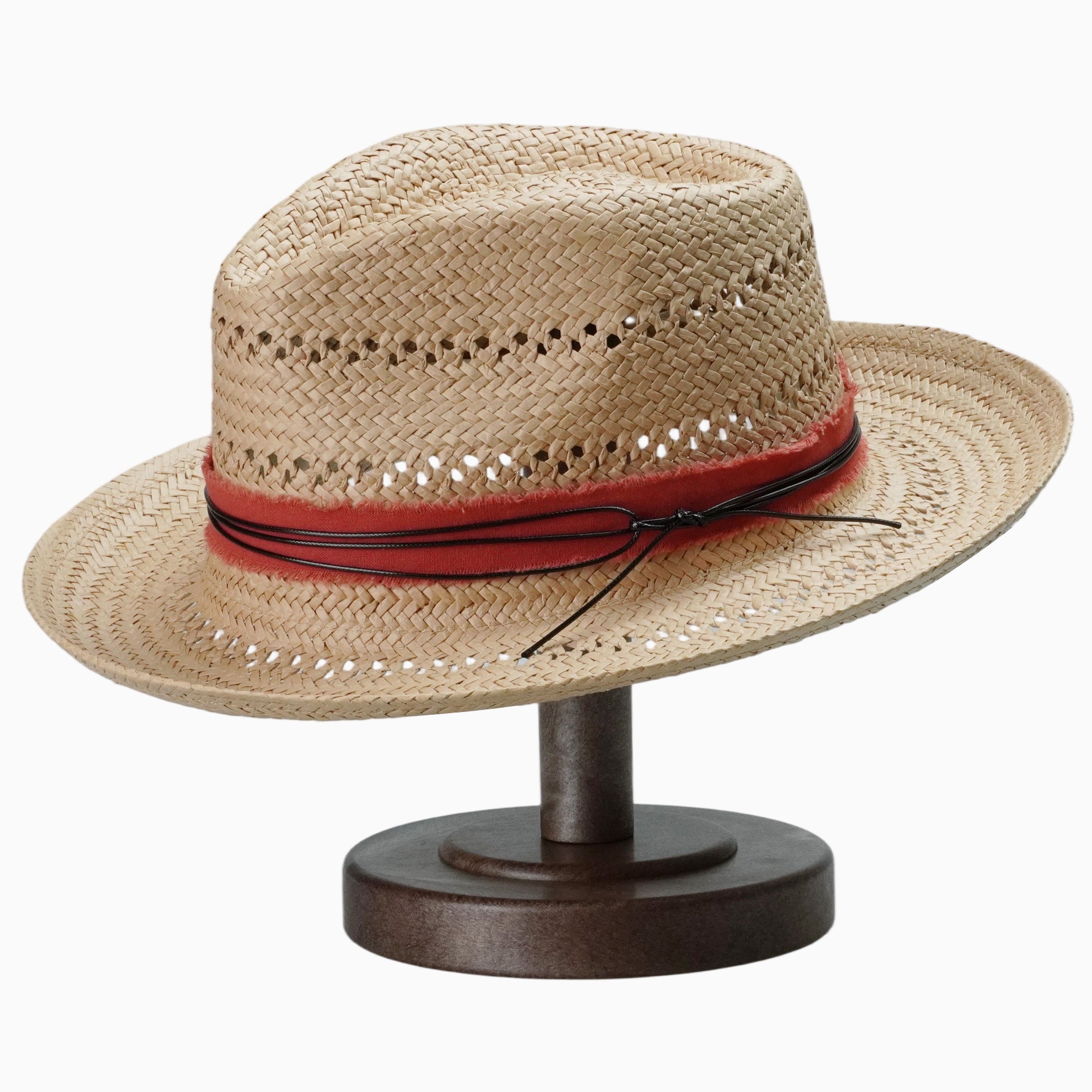 Breathable Straw Fedora with Distressed Red Band & Cord Trim