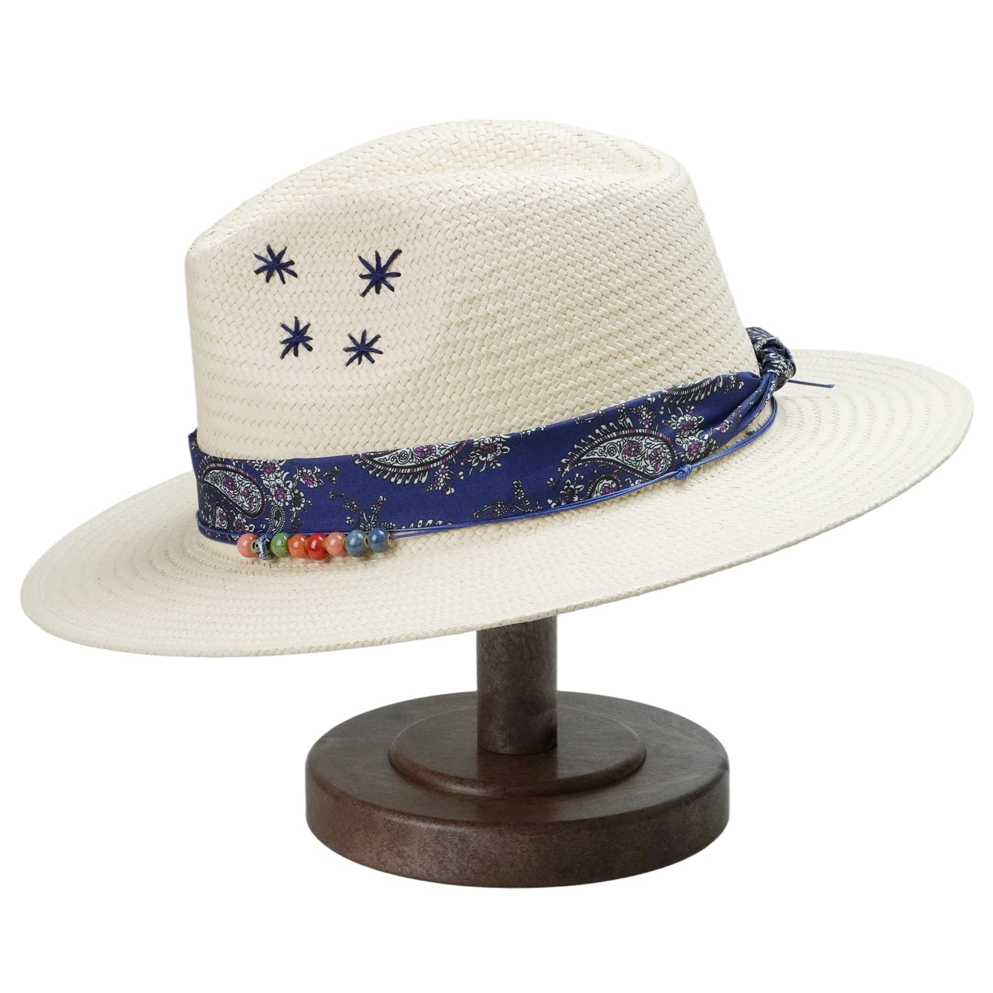 White Straw Hat with Blue Print Band & Colorful Beads