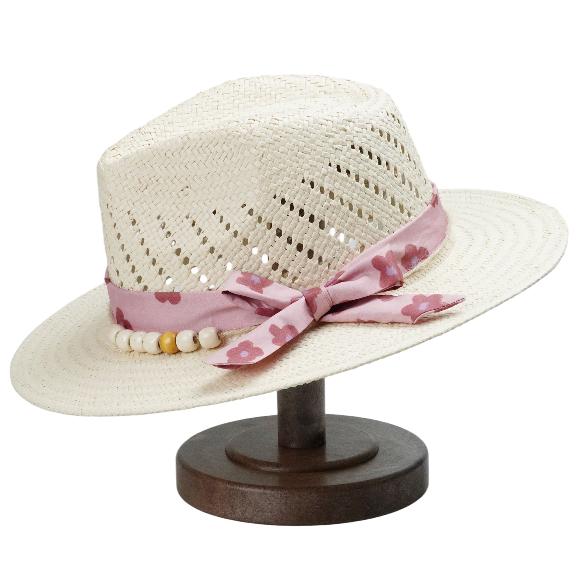 Off-White Straw Hat - Classic Teardrop with Pink Flower Strap
