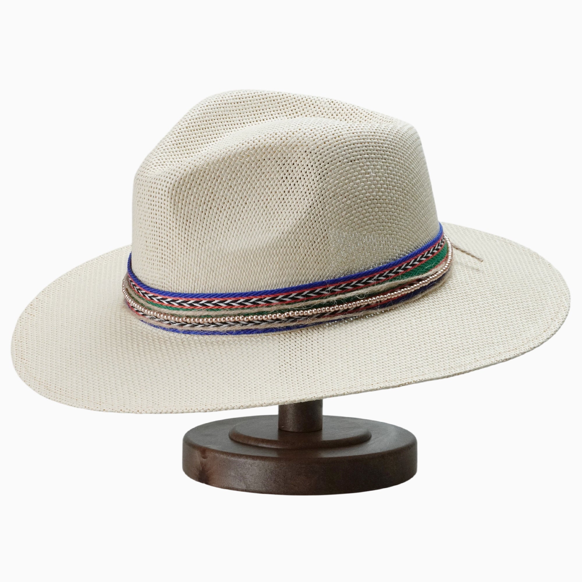 Natural Straw Fedora with Multi-Colored Woven Band & Beaded Trim