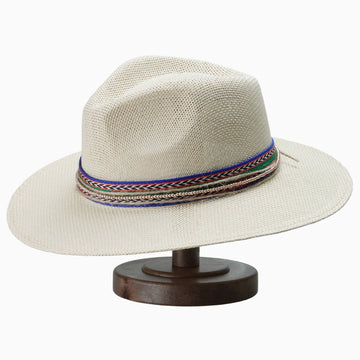 Natural Straw Fedora with Multi-Colored Woven Band & Beaded Trim