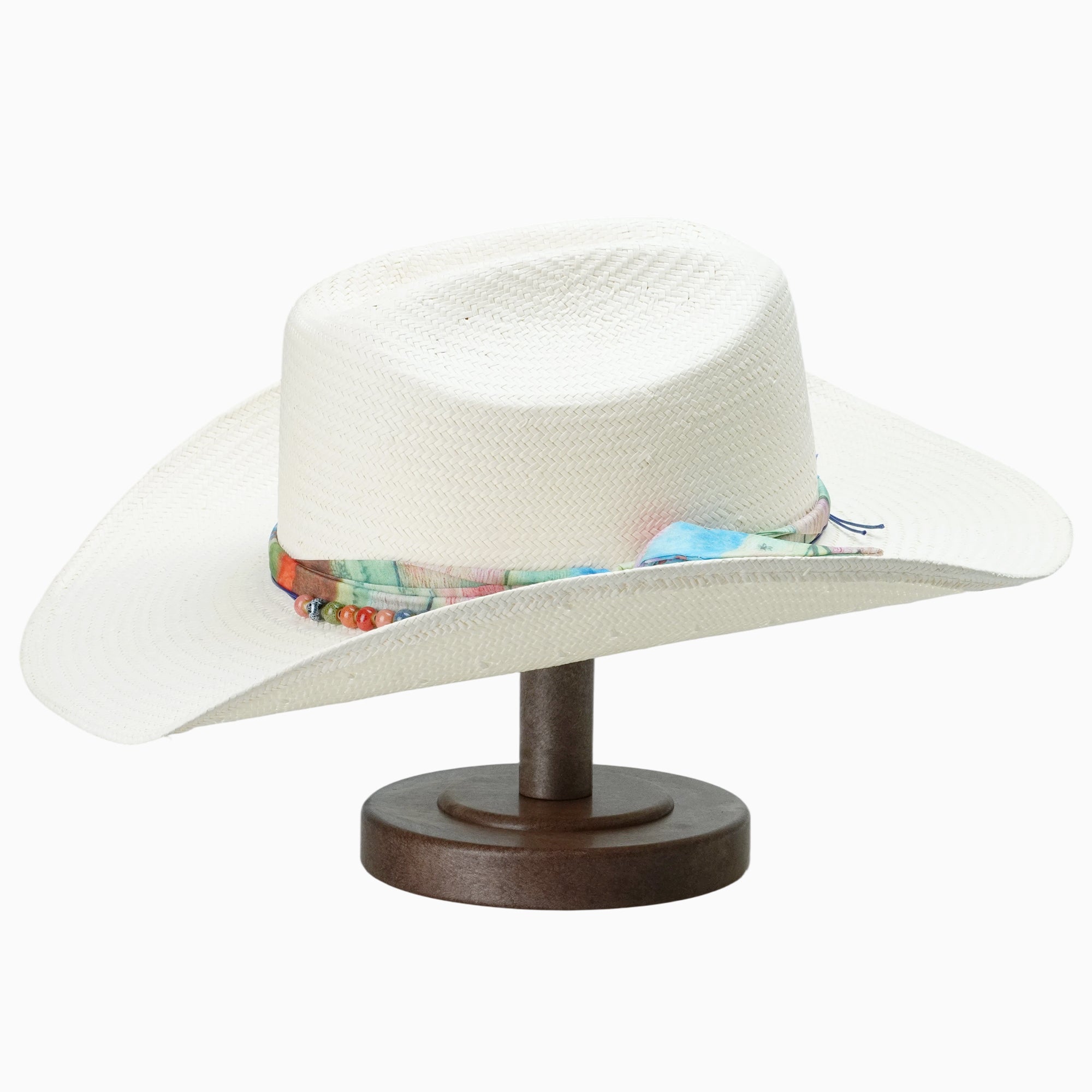 Off-White Breathable Straw Fedora with Vibrant Printed Band & Colorful Beads