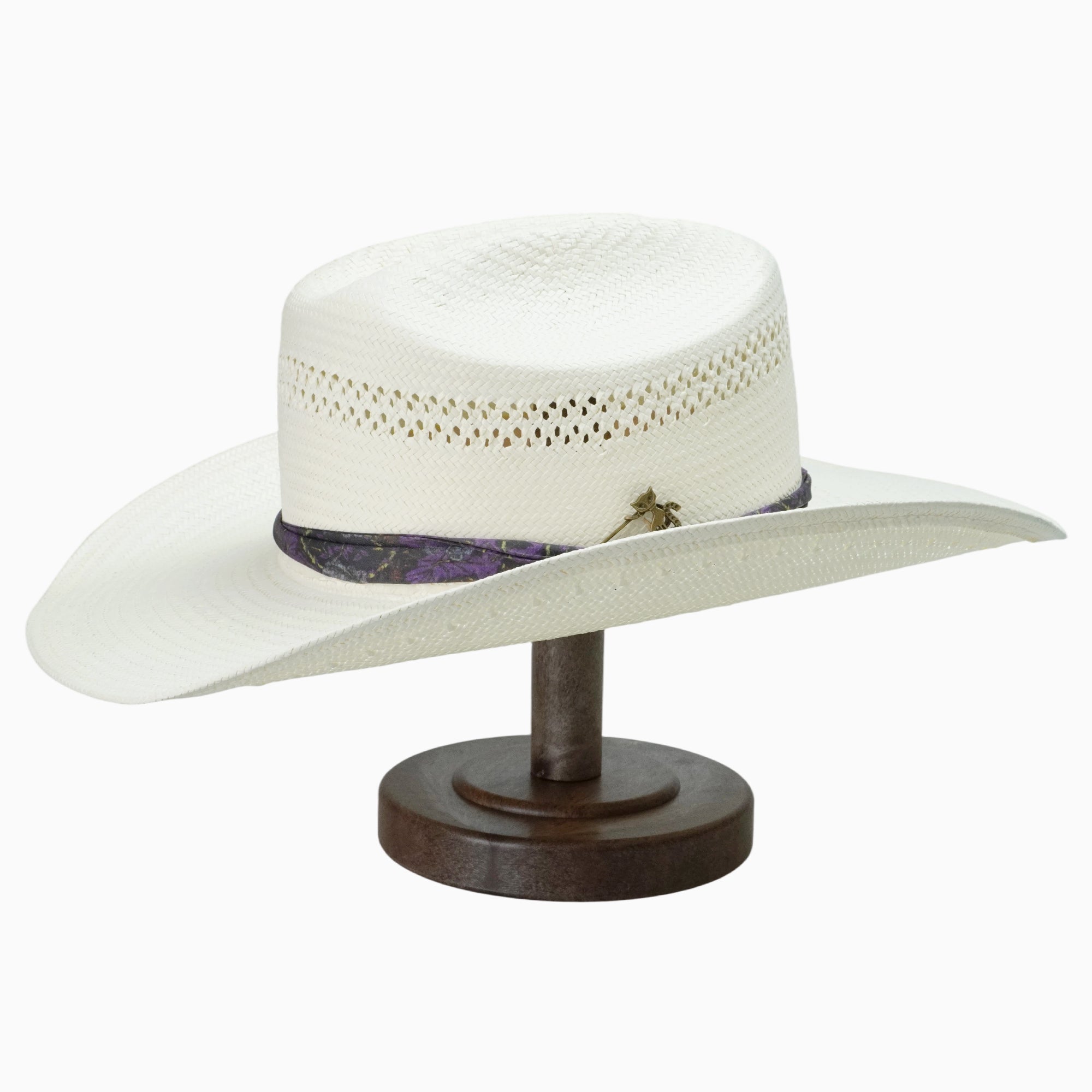 Off-White Breathable Straw Fedora with Patterned Ribbon & Bronze Cat Pin