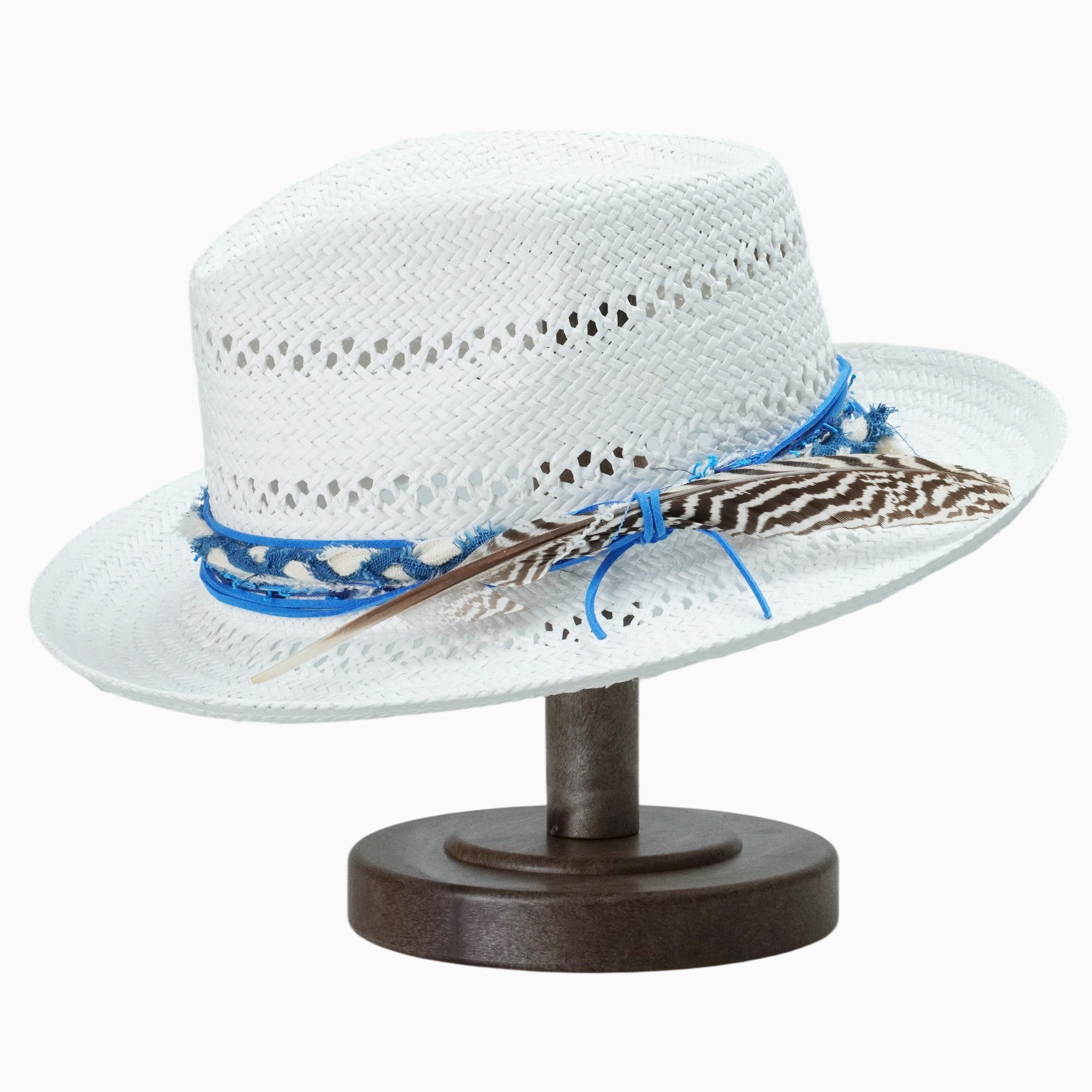 White Breathable Straw Fedora with Blue Woven Band & Feather Accent