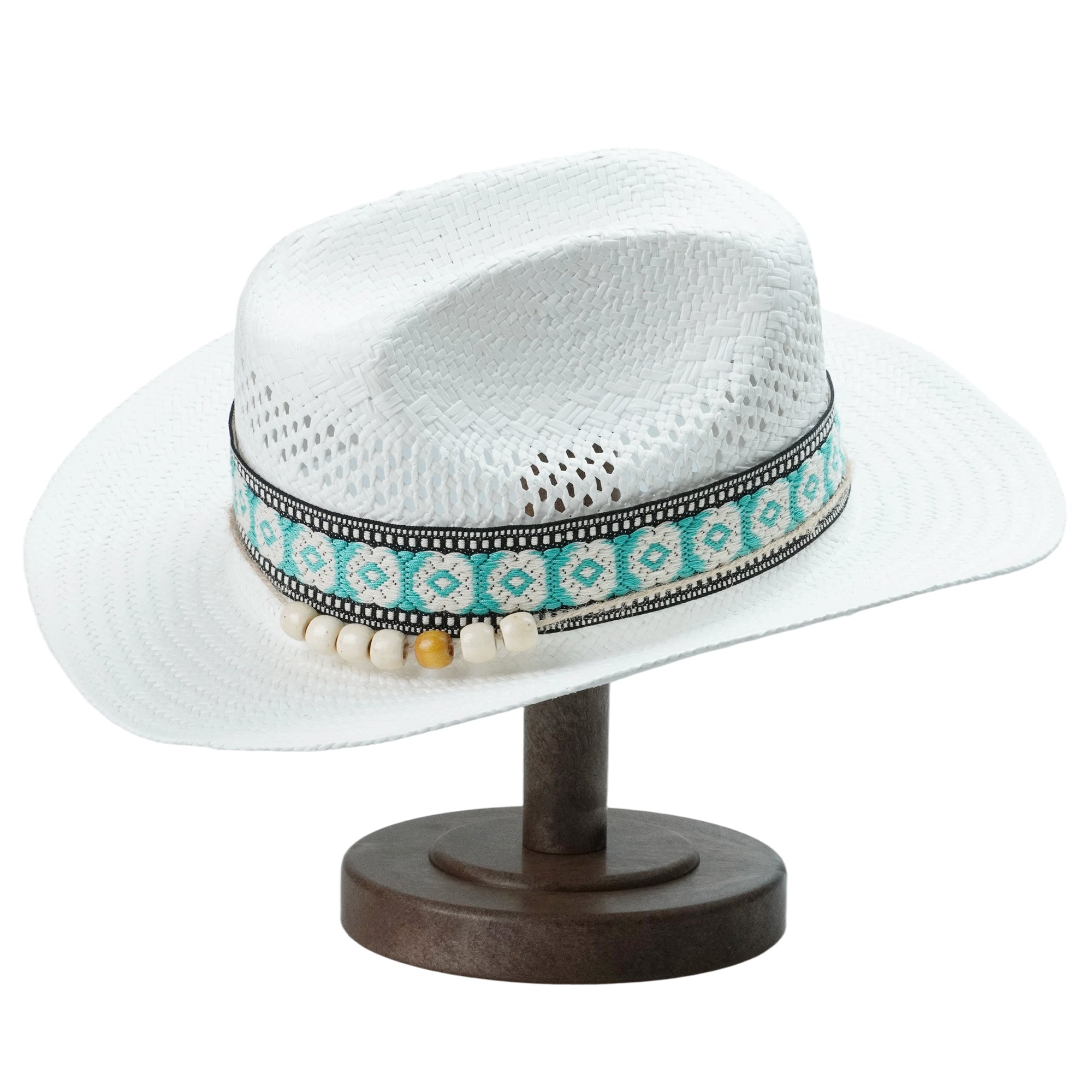 White Breathable Straw Fedora with Geometric Woven Band & Wooden Beads