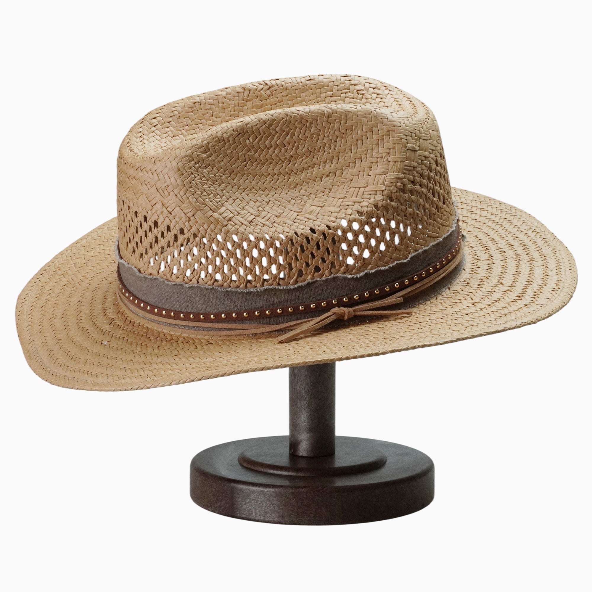 Light Brown Breathable Straw Fedora with Studded Leather-Trim Band