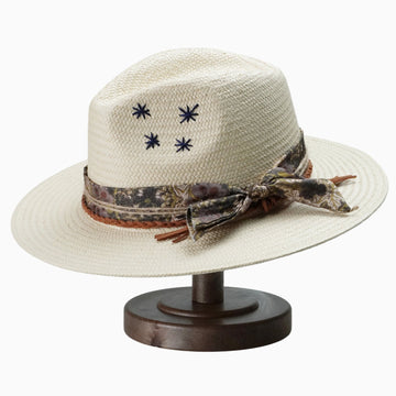 Natural Straw Fedora with Embroidered Stars & Boho Fabric Band
