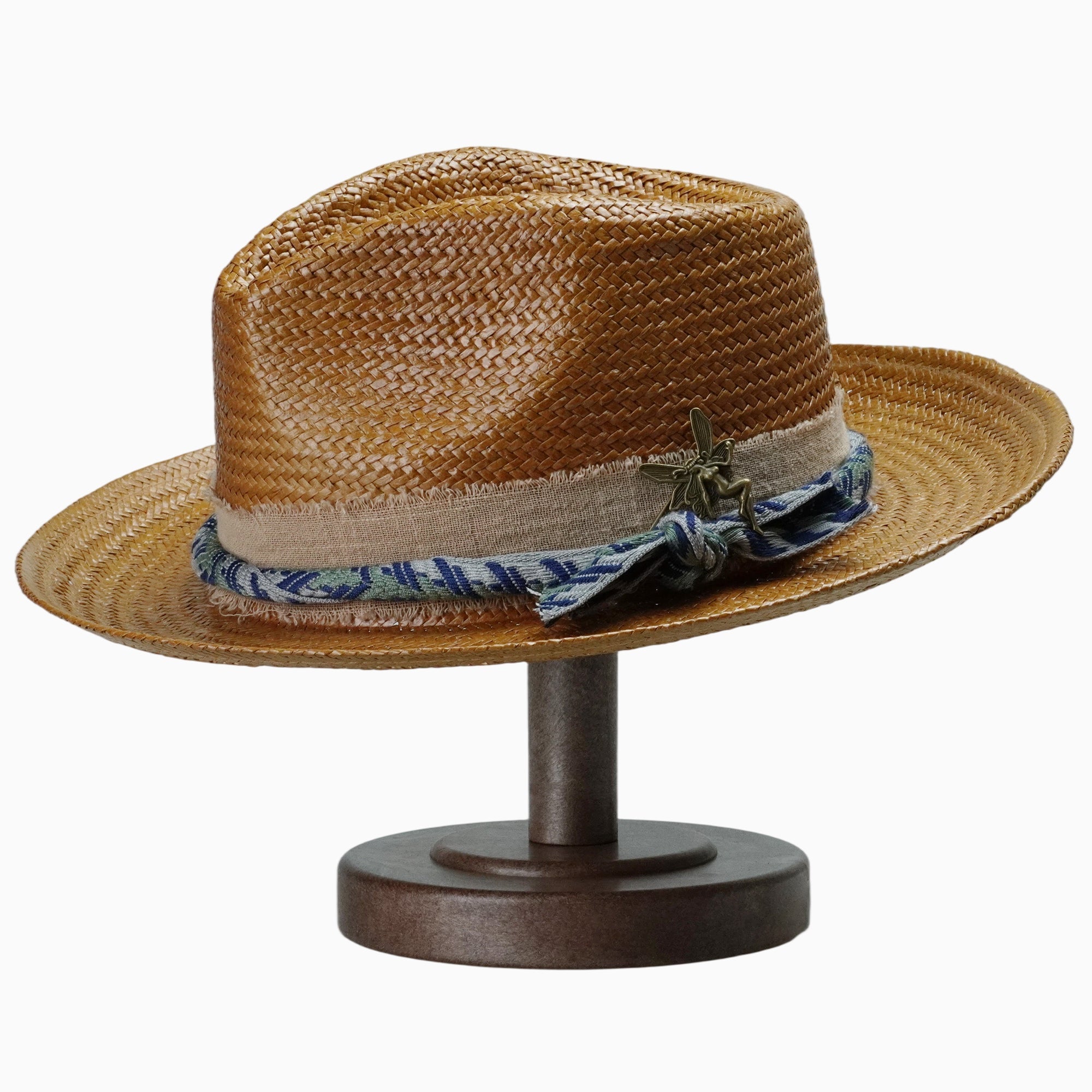 Caramel-Tone Straw Fedora with Layered Distressed Fabric and Woven Band