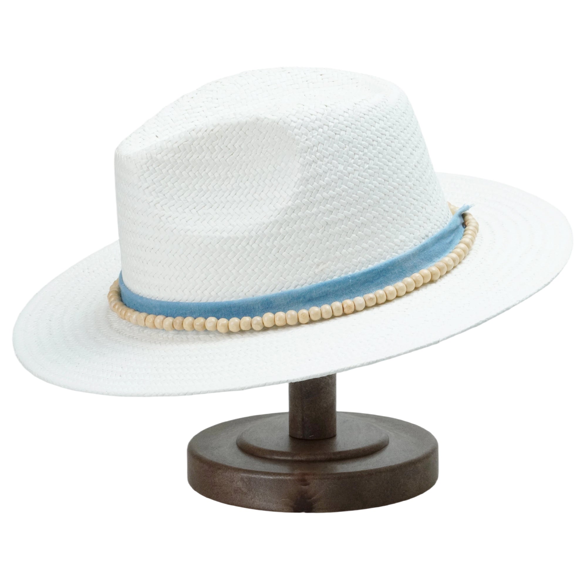 White Straw Hat with Light Blue Band & Wooden Beads