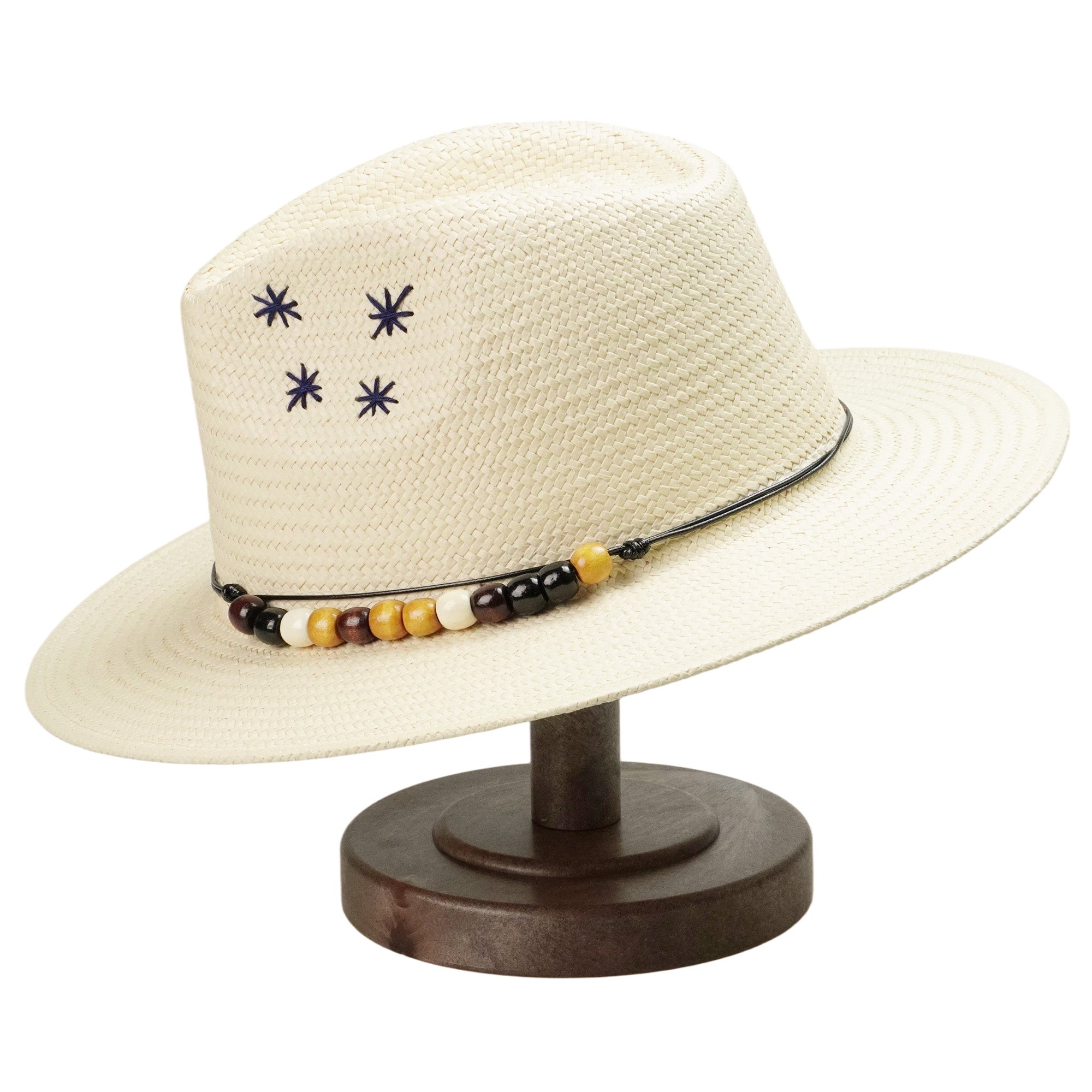 Beige Straw Hat with Colorful Beads & Star Stitching