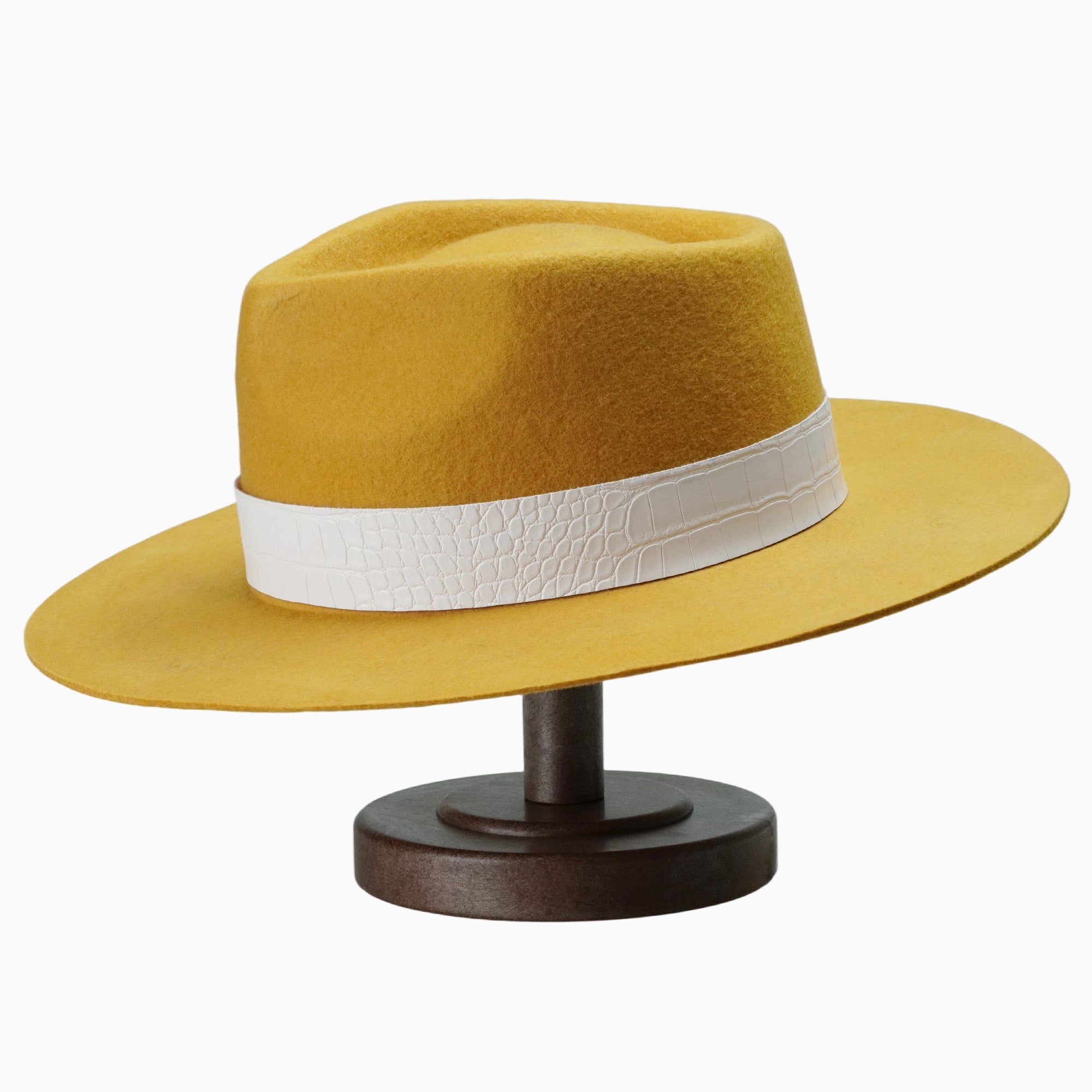 Mustard Yellow Felt Fedora with White Crocodile-Texture Band